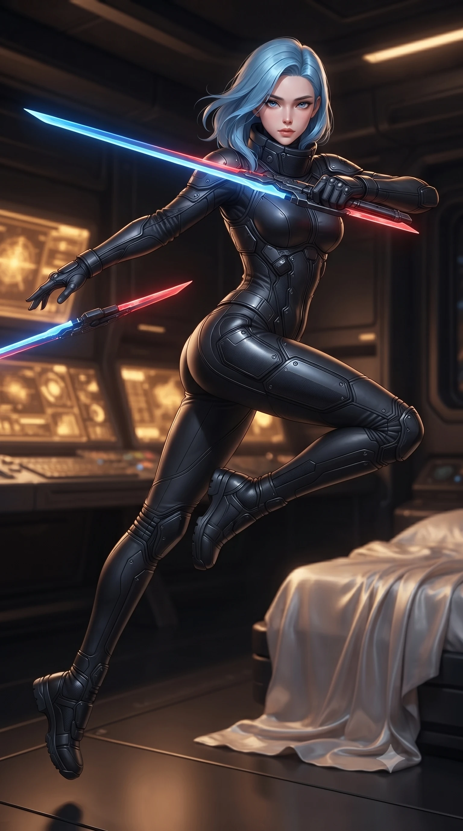 score_9, masterpiece, best quality, ultra-detailed, high-budget anime keyframe, editorial fashion photography, tasteful artistic composition, Korean woman. low angle full-body shot from head to toe showing her feet, filling the entire 9:16 vertical frame with her statuesque presence, stretching her vertical silhouette. leaping forward while slashing with a twin-bladed plasma sword in mid-air, her body-contouring suit showing her athletic silhouette, the background shows a soft-focus a private quarters aboard an interstellar singularity warship with dark carbon walls. She has an absolutely perfect, statuesque 8.5-heads proportion, an exceptionally tall and slender model-like female figure with impossibly long slender legs and an ultra-slim waist. sharp v-shaped jawline, high-bridge nose, intricate jewel-like eyes with depth, thick eyelashes, glossy lips with a natural sheen. wearing a slim-fit heavy-duty hazard suit with carbon reinforcement panels, featuring a high-neck protective collar and safety boots. warm golden light from reading consoles casting cozy, intimate shadows on silk sheets. ultra-reflective glossy finish, specular highlights, metallic sheen, high-contrast stereoscopic depth, volumetric dynamic lighting, 2k, ultra detail, master piece, 9:16 ratio