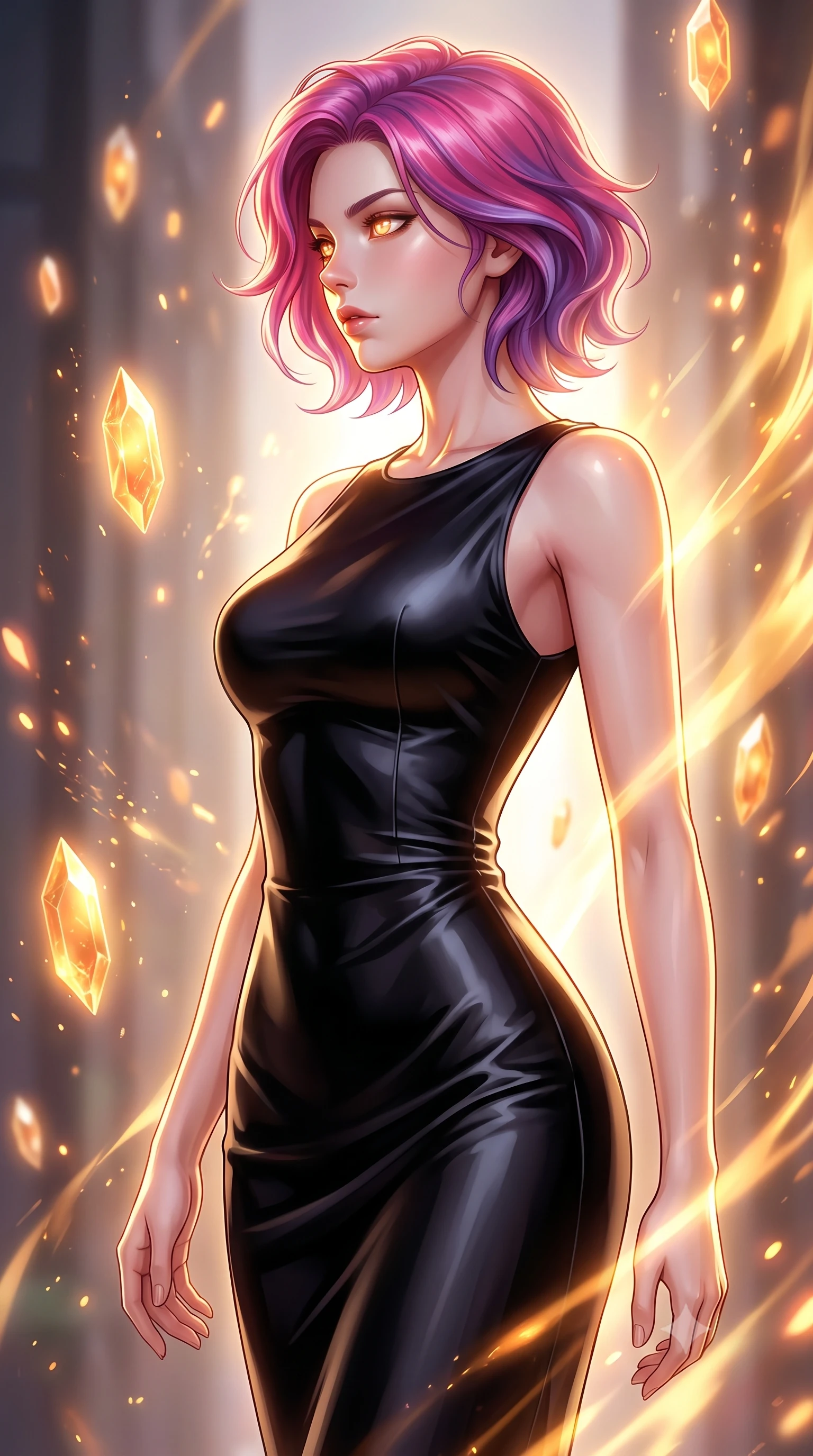 score_9, masterpiece, best quality, ultra-detailed, high-budget anime keyframe, editorial fashion photography, tasteful artistic composition, Caucasian woman woman. close-up cowboy shot from the waist and thighs up, the character dominates the composition, filling the frame with her large presence, background elements kept in soft focus. She has an exceptionally elegant, slender, and willowy female figure with an ultra-slim waist, a gracefully sculpted slender torso, and a refined silhouette. turning her head in a sharp dramatic profile against the key light, her eyes glowing with calm focus, flawlessly proportioned anatomical accuracy, natural body alignment, perfectly sculpted elegant limbs, clean dynamic posture without body distortion. set against a soft-focus background of a temporal corridor with floating amber time crystals. wearing a sleek obsidian liquid silk midi dress with a tight tailored waistline. bathed in golden temporal energy flares casting dramatic volumetric rim lighting. highly saturated vibrant anime colors, detailed shading with soft gradients, rich glossy textures, high-contrast stereoscopic depth, volumetric dynamic lighting, master piece, 9:16 ratio