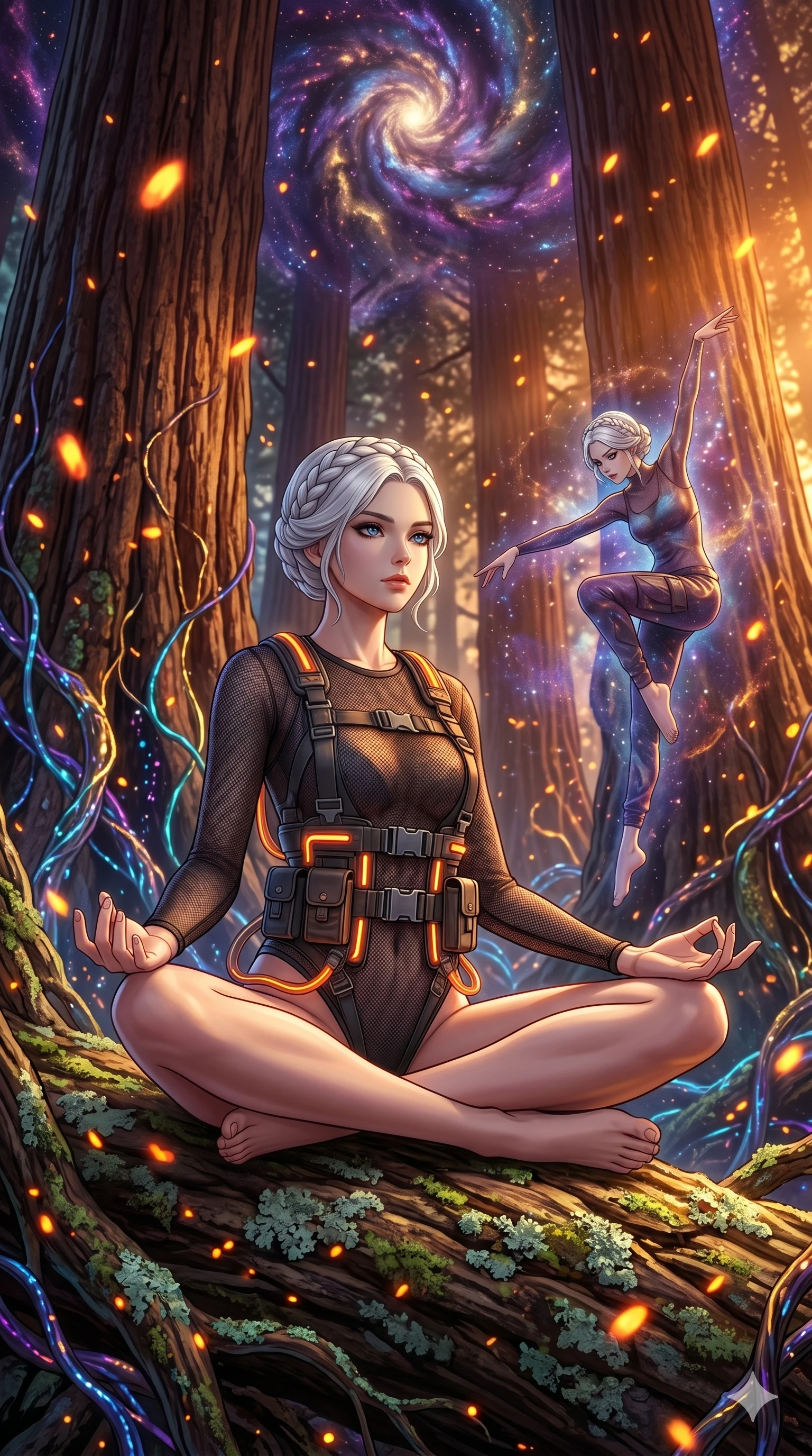 score_9, masterpiece, best quality, ultra-detailed, Set A: High-budget Anime Keyframe, Japanese woman. Low angle cowboy shot filling the entire 9:16 frame with her statuesque presence. Theme: Abstract Cosmic. meditating in a giant redwood forest with glowing vines, as her reflection in the air starts to dance independently 155. The atmosphere is filled with golden hour with floating embers. She has an absolutely perfect 8-heads proportion, an exceptionally tall and slender female figure with impossibly long slender legs and an ultra-slim waist. Sharp v-shaped jawline, high-bridge nose, intricate jewel-like eyes with depth, glossy lips. Wearing Industrial worker-chic with a glowing orange harness over a mesh bodysuit. Cinematic lighting, vivid colors, dramatic shadows, 2k, ultra detail, master piece, 9:16 ratio
