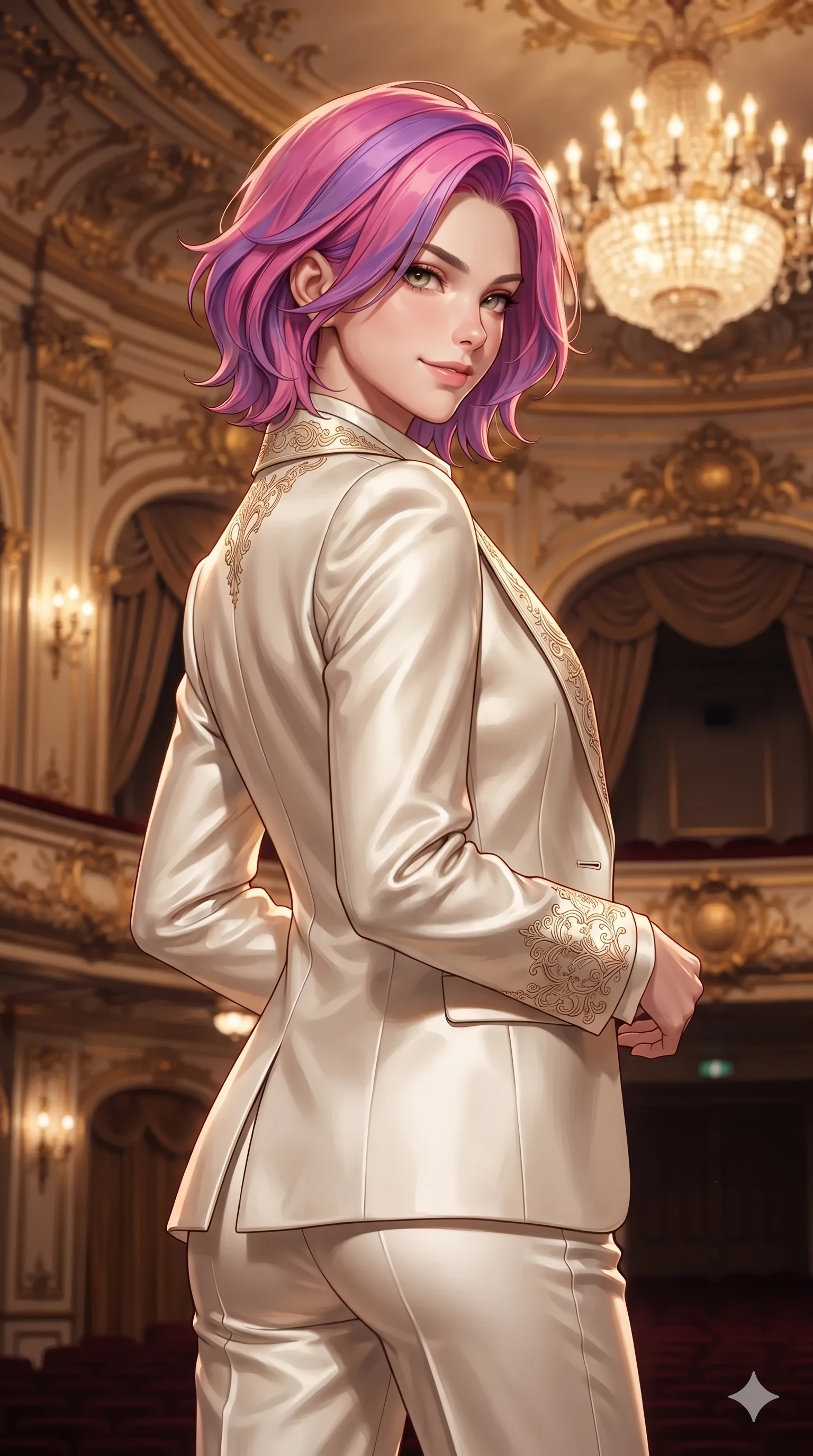 score_9, masterpiece, best quality, ultra-detailed, high-budget anime keyframe, editorial fashion photography, tasteful artistic composition, Caucasian woman. close-up cowboy shot from the waist and thighs up, the character dominates the composition, filling the frame with her large presence. twisting her slender torso in a deep contrapposto stance, hips dramatically shifted to accentuate her feminine curves while looking past her shoulder with smoldering bedroom-eyes while twisting her slender torso in an alluring S-curve, theatrical stage lights and crystal chandelier glows tracing her flat midriff and hourglass curves. The surrounding environment is rendered in vivid detail and crisp panoramic clarity: sharp gold-leaf statue drapery folds, crisp velvet fringe textures, and polished bronze railing brackets in deep focus. She has an exceptionally elegant, slender, and willowy female figure with an ultra-slim waist, flat toned midriff, narrow ribcage, and sculpted feminine hips creating an alluring, slim hourglass silhouette without bulk. sharp v-shaped jawline, high-bridge nose, intricate jewel-like sparkling eyes with depth, thick eyelashes, glossy parted lips with a natural sheen, intensely captivating and seductive bedroom-eyes expression, exuding both youthful cute charm and sovereign luxury allure, flawlessly proportioned anatomical accuracy, strict slender model proportions, natural body alignment, perfectly sculpted long slender limbs, ultra-slim waistline, clean dynamic posture without body distortion. wearing a bespoke Venetian tailored pantsuit in liquid ivory silk with golden filigree embroidery tracing the lapels in celadon jade and antique gold-leaf, tailored from heavy double-faced silk georgette with an exceptionally fluid drape, finished with sleek jade frog closures glinting along her high collar, the bespoke structured tailoring following the natural line of her 8.5-heads silhouette with refined elegance. illuminated by velvet loge bounce and sharp gold-crimson rim lights defining her razor-sharp jawline, narrow waist, and curvy hips. ultra-reflective glossy finish, specular highlights, rich textural contrasts, high-contrast stereoscopic depth, volumetric dynamic lighting, 2k, ultra detail, master piece, 9:16 ratio