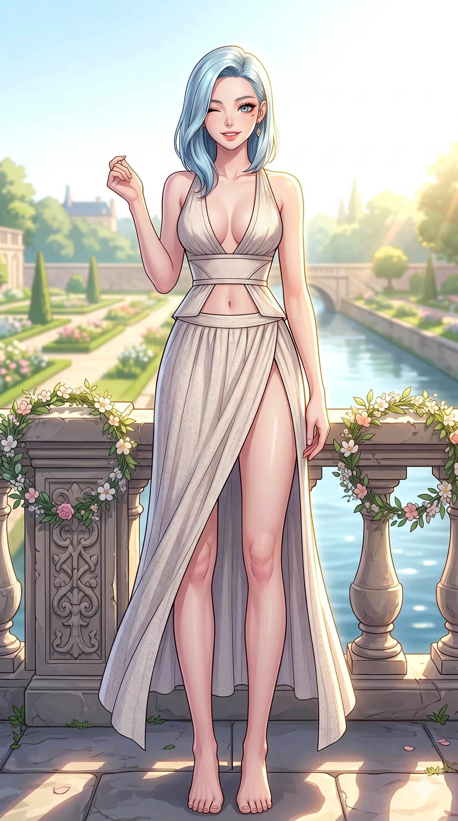 score_9, masterpiece, best quality, ultra-detailed, high-budget anime keyframe, vibrant anime aesthetic, Korean woman. low angle full-body shot from head to toe showing her feet, filling the entire 9:16 vertical frame with her statuesque presence, stretching her vertical silhouette. She is standing on a deck, winking with a playful, smiling face in the sunbeams on an elegant stone bridge decorated with spring wreaths (Code-P20-053). She has an absolutely perfect 8-heads proportion, an exceptionally tall and slender female figure with impossibly long slender legs and an ultra-slim waist. V-shaped jawline, high-bridge nose, intricate jewel-like eyes with depth, thick eyelashes, glossy lips with a natural sheen. wearing a plunging neckline top with an exposed waist and high-slit skirt. She is bathed in brilliant, high-contrast sunlight with a single golden line tracing her profile. 2k, ultra detail, master piece, 9:16 ratio