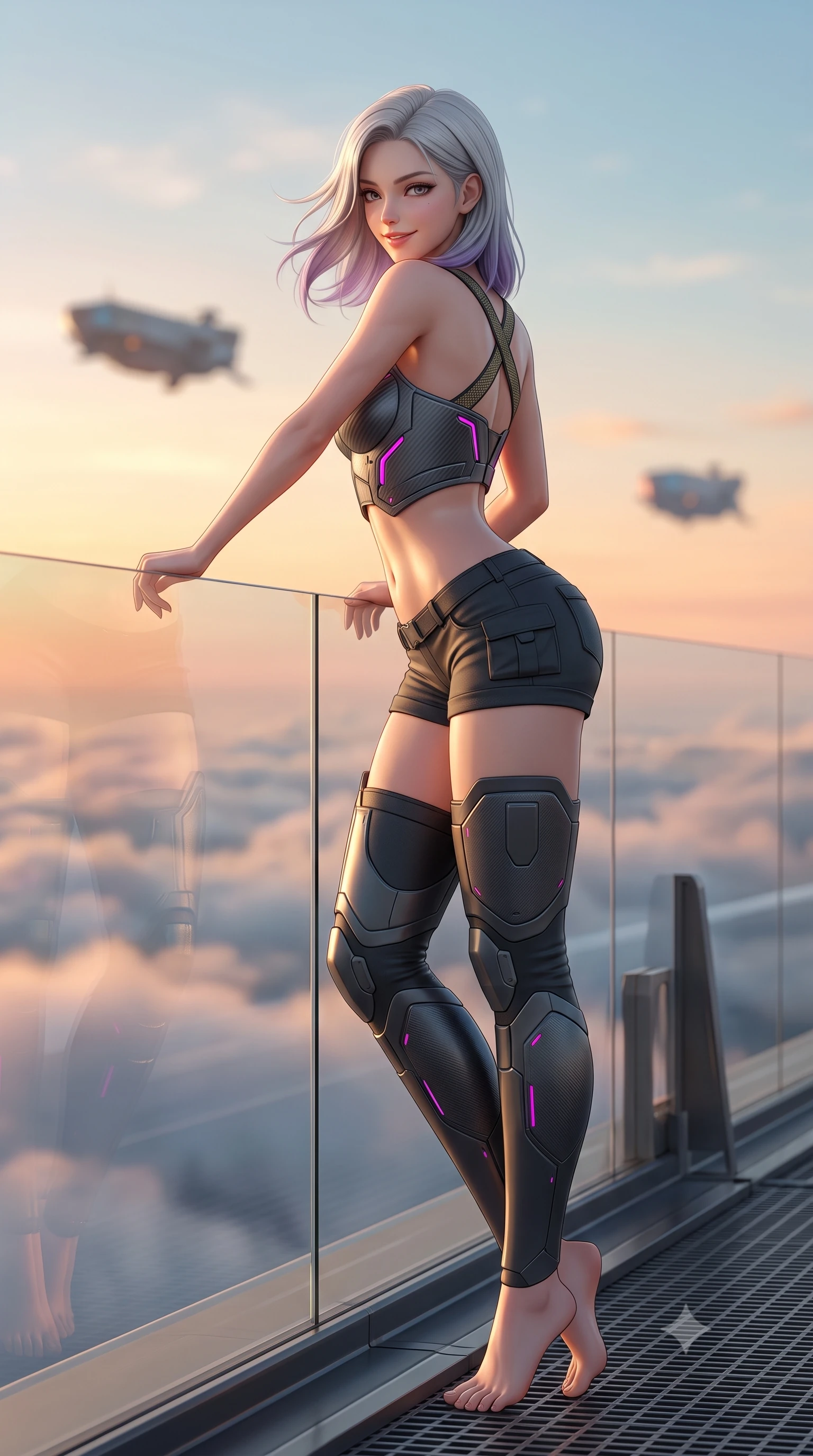 score_9, masterpiece, best quality, ultra-detailed, high-budget anime keyframe, semi-realistic 3D game render, editorial fashion photography, tasteful artistic composition, Caucasian woman. low angle full-body shot from head to toe showing her feet, filling the entire 9:16 vertical frame with her statuesque presence, stretching her vertical silhouette. sitting perched on the elevated maintenance gantry edge with legs crossed and hips angled toward the camera, displaying her toned midriff and long slender limbs with joyful, coquettish charm while leaning against the aerodynamic glass windbreak with hips cocked back, looking over a bare shoulder with an intoxicating, wind-blown smile. The background shows a soft-focus rolling billowing sunset clouds below and floating repulsor-lift sky barges blurred into peach, apricot, and sky-blue bokeh. She has an absolutely perfect, statuesque 8.5-heads proportion, an exceptionally tall and slender model-like female figure with impossibly long slender legs, an ultra-slim waist, a flat toned midriff, narrow delicate ribcage, and beautifully sculpted feminine hips creating a graceful, slim hourglass silhouette without any bulky heaviness. sharp v-shaped jawline, high-bridge nose, intricate jewel-like sparkling eyes with depth, thick eyelashes, glossy parted lips with a natural sheen, bright confident smile with an enchanting and coquettish sensual glint, exuding both youthful magnetic charm and sovereign high-tech allure, flawlessly proportioned anatomical accuracy, strict slender model proportions, natural body alignment, perfectly sculpted long slender limbs, ultra-slim waistline, clean dynamic posture without body distortion. wearing a sculpted carbon-fiber bustier armor top paired with ultra-tight tactical cargo shorts and thigh-high armored boots in deep titanium gunmetal and radiant magenta neon, crafted from lightweight aerodynamic matte carbon-fiber weave with structural stiffness, finished with criss-cross Kevlar tactical straps tracing her graceful shoulder blades, the form-contouring cut accentuating her sculpted flat midriff, narrow delicate ribcage, and gracefully curvy hips with cybernetic supermodel precision. bathed in glorious golden hour sunset light reflecting off immense cloud seas below. highly saturated vibrant anime colors, detailed shading with soft gradients, rich glossy textures, high-contrast stereoscopic depth, volumetric dynamic lighting, master piece, 9:16 ratio