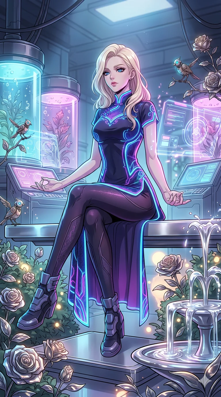 score_9, masterpiece, best quality, ultra-detailed, High-budget Anime Keyframe, vibrant colors, fluid line-art, expressive lighting, cinematic composition, Ufotable-style visual effects, top-tier animation quality, Caucasian woman with pale skin, blonde hair, and (strictly human ears). Dynamic full-body shot stretching the vertical silhouette, capturing her from a powerful low-angle perspective. Meditating deeply in a serene garden of metallic roses and mercury fountains, the sound of clockwork birds in the air. She has an absolutely perfect 8-heads proportion, an exceptionally tall and slender female figure with impossibly long slender legs and an ultra-slim waist, her statuesque height and towering silhouette dominating the vertical 9:16 frame. Her face is a masterpiece featuring a sharp v-shaped jawline, high-bridge nose, intricate jewel-like eyes with depth, thick eyelashes, and glossy lips with a natural sheen. She is wearing a Cyberpunk neon-lit qipao with a dangerous high slit and intricate digital embroidery crafted from Fluorescent mesh that glows brightly under neon light, highlighting her silhouette, with a dangerous high slit that showcases her impossibly long slender legs. The scene is set in a high-tech research laboratory with glowing glass tanks and complex holographic interfaces, illuminated by soft bioluminescent glow from the environment casting ethereal colors on her skin. 2k, ultra detail, master piece, 9:16 ratio