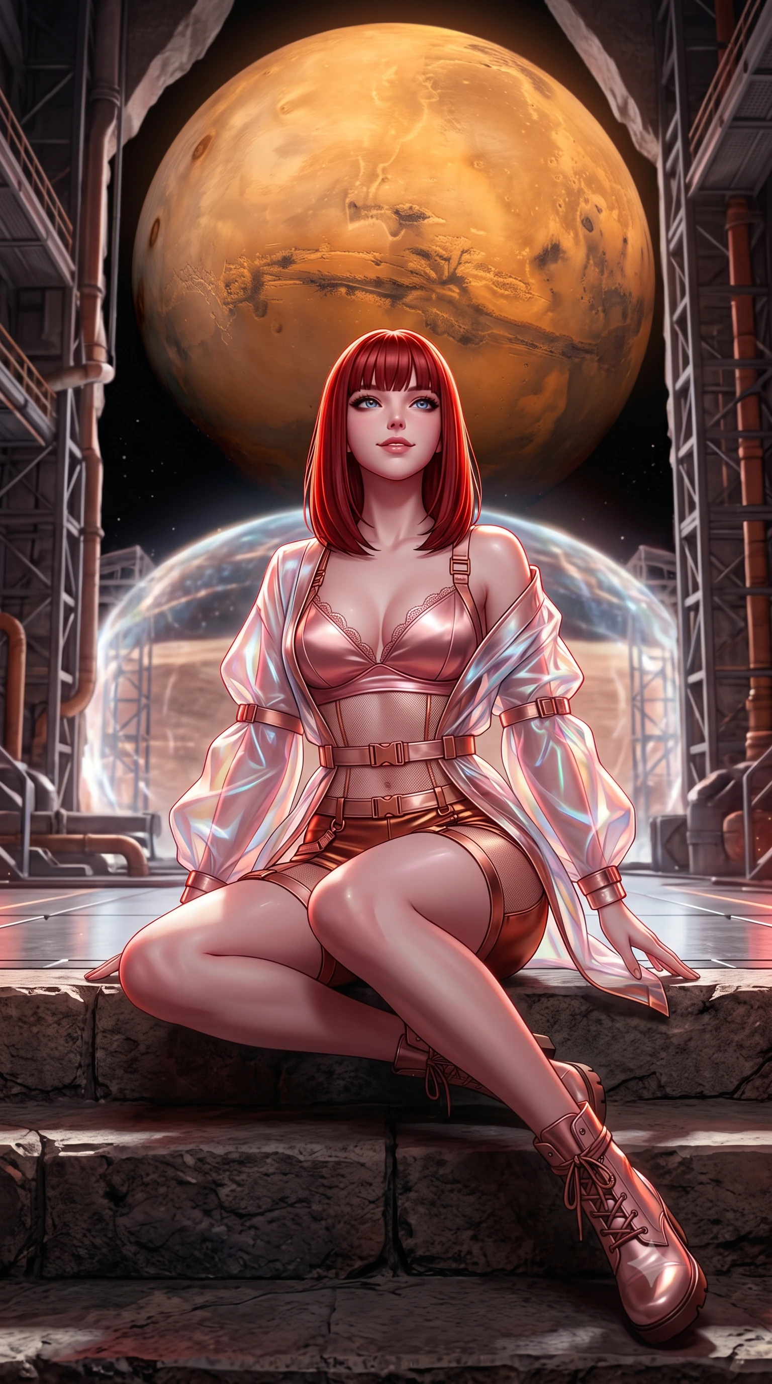 score_9, masterpiece, best quality, ultra-detailed, high-budget anime keyframe, semi-realistic 3D game render, editorial fashion photography, tasteful artistic composition, Caucasian woman. low angle full-body shot from head to toe showing her feet, filling the entire 9:16 vertical frame with her statuesque presence, stretching her vertical silhouette. sitting poised on the stone steps with one knee bent, arching her spine with supermodel elegance as she glances upward through thick eyelashes while standing poised inside the cavernous crater hangar opening directly onto the airless void, arching her lower back with commanding presence as the gigantic ochre disk of Mars looms above. The background shows a soft-focus containment field shimmer softened in asteroid hangar sanctuary shallow focus. She has an exceptionally tall and slender model-like 8.5-heads proportion, an ultra-slim waist, a flat toned midriff, narrow delicate ribcage, and beautifully sculpted feminine hips creating a graceful, slim hourglass silhouette without any bulky heaviness, with impossibly long slender legs. sharp v-shaped jawline, high-bridge nose, intricate jewel-like sparkling eyes with depth, thick eyelashes, glossy parted lips with a natural peach sheen, bright cheerful beaming smile with an enchanting and coquettish sensual glint, exuding both youthful cute charm and seductive allure, flawlessly proportioned anatomical accuracy, strict slender model proportions, natural body alignment, perfectly sculpted long slender limbs, ultra-slim waistline, clean dynamic posture without body distortion. wearing a translucent iridescent organza tactical robe slipping off bare shoulders over a matching satin micro-bralette and combat shorts in high-gloss rose-gold and burnished copper, woven from fine semi-opaque stretch illusion mesh tracing her slender contours, finished with scalloped eyelash lace trim framing her sweetheart neckline with intimate elegance, the liquid-tight tailored fabric clinging flawlessly to her narrow waist and rounded feminine hips, emphasizing every millimeter of her sculpted slim hourglass curves without any bulky heaviness. illuminated by titanium floor reflection bounce and sharp Mars-red rim lights defining her jawline, narrow waist, and curvy hips. highly saturated vibrant anime colors, detailed shading with soft gradients, rich glossy textures, high-contrast stereoscopic depth, volumetric dynamic lighting, master piece, 9:16 ratio
