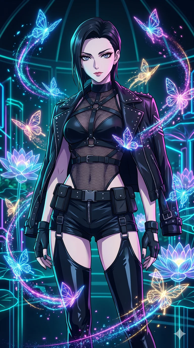 score_9, masterpiece, best quality, ultra-detailed, High-budget Anime Keyframe, vibrant colors, fluid line-art, expressive lighting, cinematic composition, Ufotable-style visual effects, top-tier animation quality, Caucasian woman with pale skin and refined features. Upper body close-up from the thighs up, character filling the screen for maximum presence. Surrounded by a swarm of digital butterflies that leave trails of neon dust. She has an absolutely perfect 8-heads proportion, an exceptionally tall and slender female figure with impossibly long slender legs and an ultra-slim waist, her statuesque height and towering silhouette dominating the vertical 9:16 frame. Her face is a masterpiece featuring a sharp v-shaped jawline, high-bridge nose, intricate jewel-like eyes with depth, thick eyelashes, and glossy lips with a natural sheen. She is wearing a Leather harness over a mesh bodysuit with zip-up micro-shorts and tactical belts, studded biker jacket draped over shoulders, and thigh-high patent leather boots, featuring strategic side cut-outs.. The scene is set in a digital garden filled with holographic lotus flowers and neon butterflies. 2k, ultra detail, master piece, 9:16 ratio