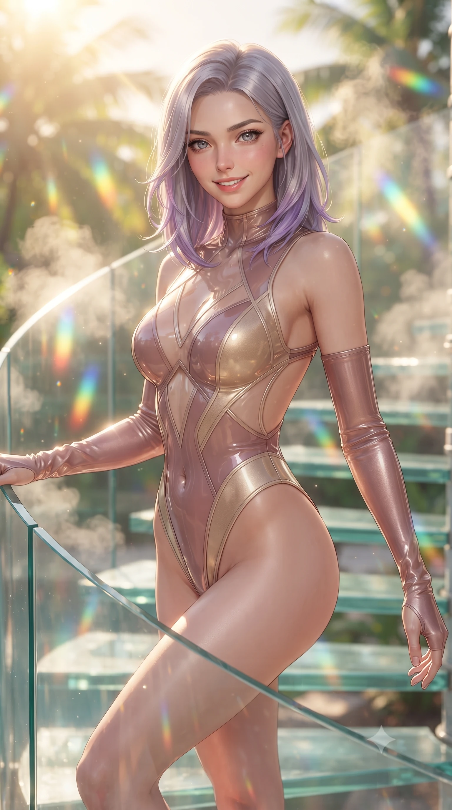 score_9, masterpiece, best quality, ultra-detailed, high-budget anime keyframe, editorial fashion photography, tasteful artistic composition, Caucasian woman. close-up cowboy shot from the waist and thighs up, the character dominates the composition, filling the frame with her large presence, background elements kept in soft focus. Smiling with quiet, magnetic self-assurance directly into the lens ascending a vertical spiral glass staircase enveloped by tropical sunbeams, steam clouds refracting sunlight into brilliant rainbow prisms. She has an exceptionally elegant, slender, and willowy female figure with an ultra-slim waist, a gracefully sculpted slender torso, and a refined silhouette. sharp v-shaped jawline, high-bridge nose, intricate jewel-like eyes with depth, thick eyelashes, glossy lips with a natural sheen. wearing a high-cut translucent vinyl leotard with front paneling and open back in dusty rose and champagne gold, made of premium stretch velvet with a rich sheen, featuring subtle geometric cutouts that highlight her ultra-slim midriff, the glove-like fit emphasizing her statuesque silhouette. bathed in warm golden sunlight and soft emerald bioluminescent glow. ultra-reflective glossy finish, specular highlights, metallic sheen, high-contrast stereoscopic depth, volumetric dynamic lighting, 2k, ultra detail, master piece, 9:16 ratio
