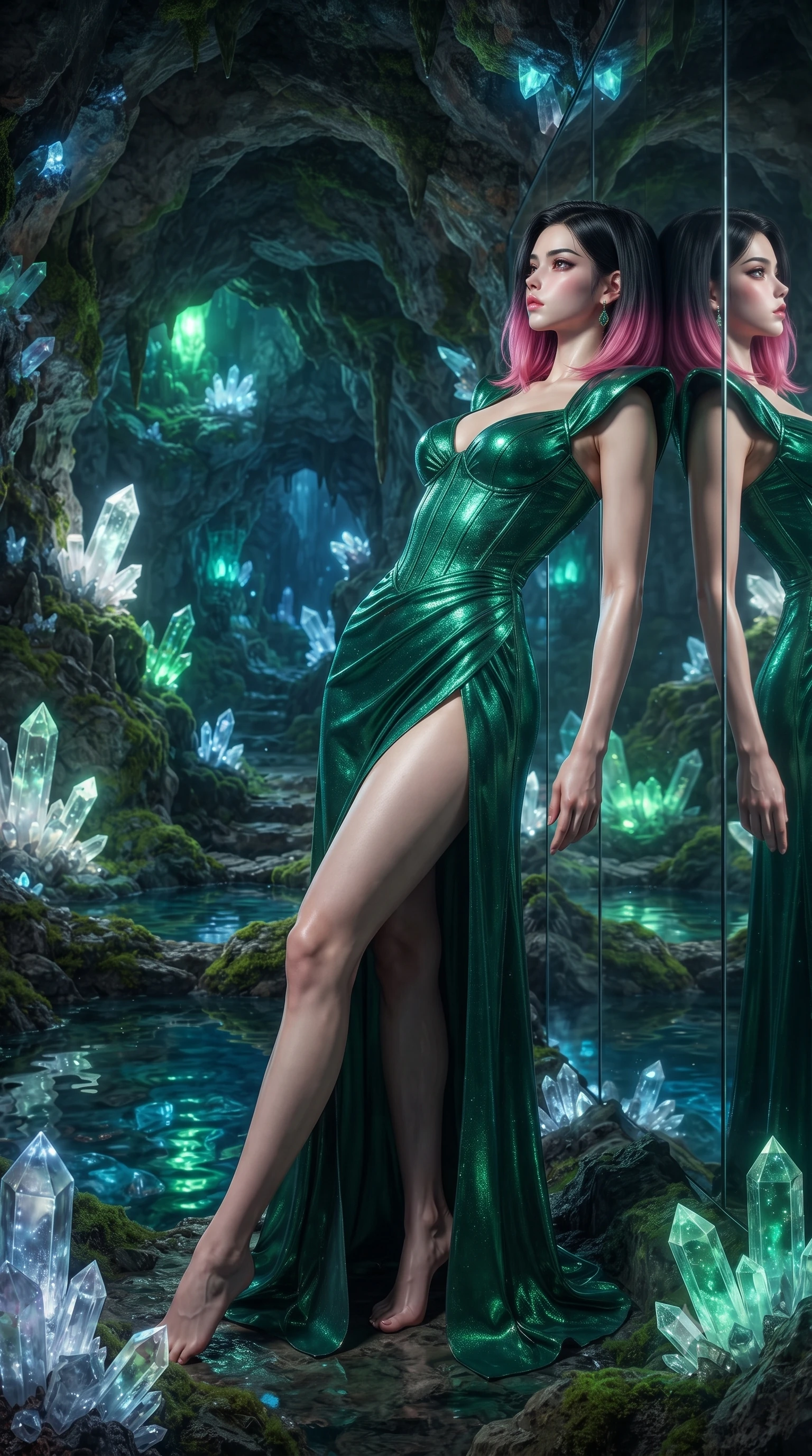score_9, masterpiece, best quality, ultra-detailed, High-budget Anime Keyframe, editorial fashion photography, tasteful artistic composition, realistic cosplay photography, East Asian woman. Dynamic full-body shot stretching the vertical silhouette to the limit. Scenario 450: leaning back against a wall of virtual mirrors in an underground cave lined with glowing quartz crystals and deep pools. Her presence is magnetic and overpowering in this high-budget cinematic scene. Outfit 450: a body-hugging emerald green shimmering chiffon corset dress featuring a high-slit skirt and structured shoulders. The clothing is designed to emphasize her exceptionally tall and slender 8-heads proportion. 8-heads proportion, towering silhouette, ultra-slim waist. sharp v-shaped jawline, intricate jewel-like eyes with depth, thick eyelashes, glossy lips. ultra-reflective glossy finish, specular highlights, metallic sheen, high-contrast stereoscopic depth, volumetric dynamic lighting, 2k, ultra detail, master piece, 9:16 ratio