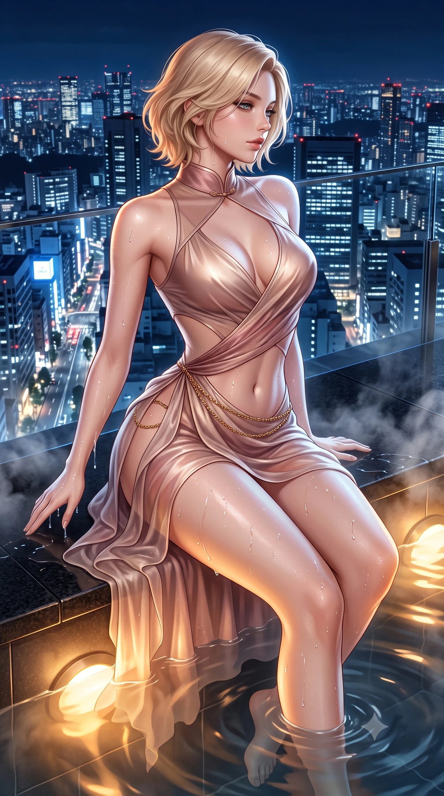 score_9, masterpiece, best quality, ultra-detailed, high-budget anime keyframe, semi-realistic 3D game render, editorial fashion photography, tasteful artistic composition, Caucasian woman. close-up cowboy shot from the waist and thighs up, the character dominates the composition, filling the frame with her large presence. arching her spine backward with effortless dancer poise, one hand sliding along her hip line as directional light carves specular highlights along her silhouette while sitting on the black granite submerged ledge of the rooftop infinity onsen, steam curling around her curved hips as she gazes out at the glittering Tokyo megalopolis. The surrounding environment is rendered in vivid detail and crisp panoramic clarity. detailed wet fabric drape, glistening skin beads, and Tokyo skyline grid clarity in high resolution. She has an exceptionally elegant, slender, and willowy female figure with an ultra-slim waist, flat toned midriff, narrow ribcage, and sculpted feminine hips creating an alluring, slim hourglass silhouette without bulk. sharp v-shaped jawline, high-bridge nose, intricate jewel-like eyes with depth, thick eyelashes, glossy parted lips with a natural sheen, intensely captivating and seductive bedroom-eyes expression, flawlessly proportioned anatomical accuracy, strict slender model proportions, natural body alignment, perfectly sculpted long slender limbs, ultra-slim waistline, clean dynamic posture without body distortion. wearing a wet-look silk fusion wrap dress with asymmetrical sheer mesh cutouts and high Mandarin collar in dusky blush rose and champagne shimmer, woven from layered gossamer chiffon with a weightless sweeping drape, accented with a delicate gold chain belt resting loosely on her curvy hips, the second-skin form-contouring cut accentuating her sculpted flat midriff, narrow delicate ribcage, and gracefully curvy hips with supermodel precision. bathed in warm submerged amber pool lights contrasting with cool midnight blue metropolitan skylight. highly saturated vibrant anime colors, detailed shading with soft gradients, rich glossy textures, high-contrast stereoscopic depth, volumetric dynamic lighting, master piece, 9:16 ratio