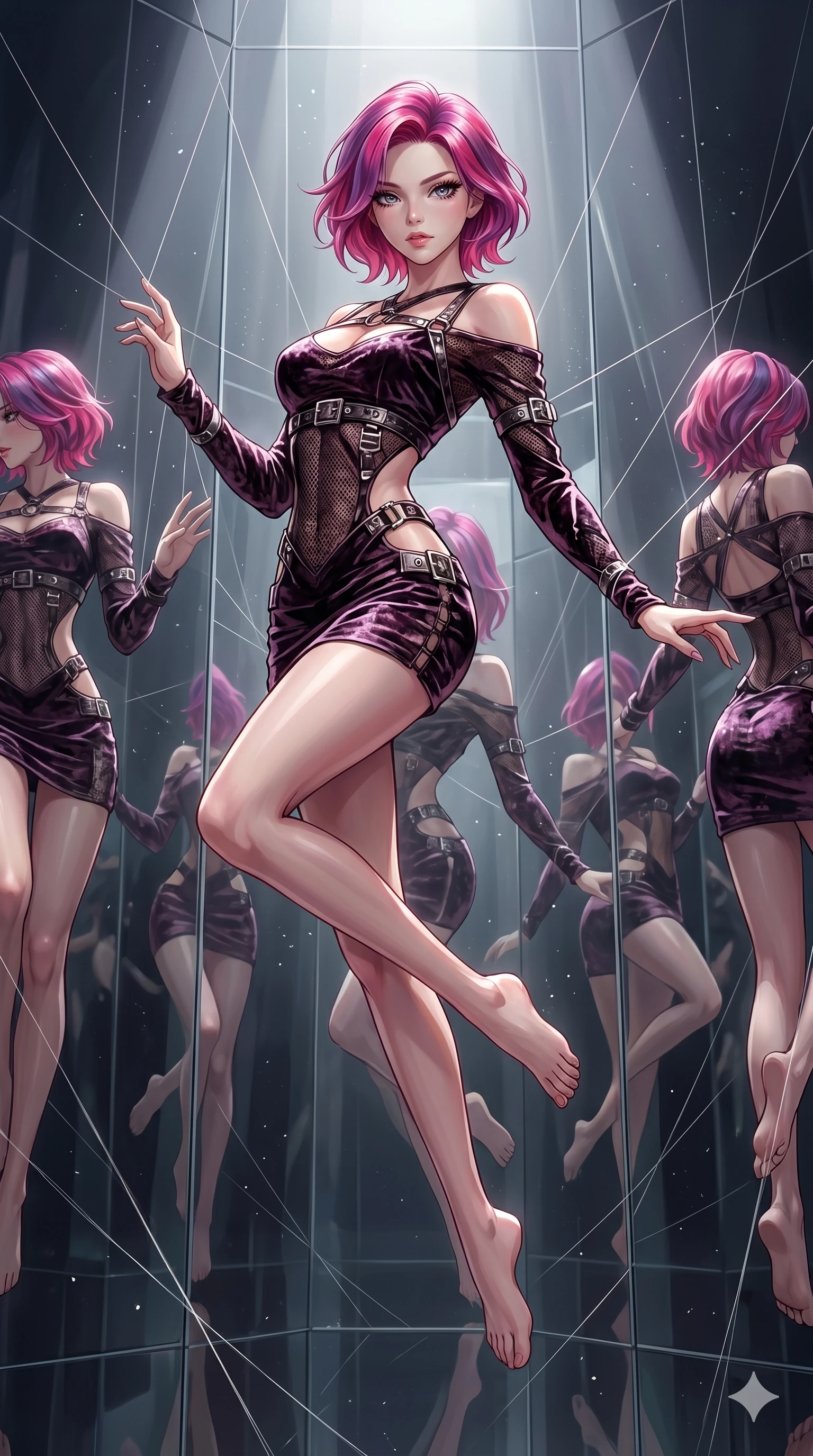 score_9, masterpiece, best quality, ultra-detailed, High-budget Anime Keyframe, East Asian woman. Dynamic full-body shot stretching the vertical silhouette to the limit. Scenario 36: Suspended by invisible silk threads in a hall of mirrors. Her presence is magnetic and overpowering in this high-budget anime scene. Outfit 36: A crushed dark velvet mesh with a low-cut shoulder and metallic buckles. The clothing is designed to emphasize her exceptionally tall and slender 8-heads proportion. 8-heads proportion, towering silhouette, ultra-slim waist. sharp v-shaped jawline, intricate jewel-like eyes with depth, thick eyelashes, glossy lips. 2k, ultra detail, master piece, 9:16 ratio