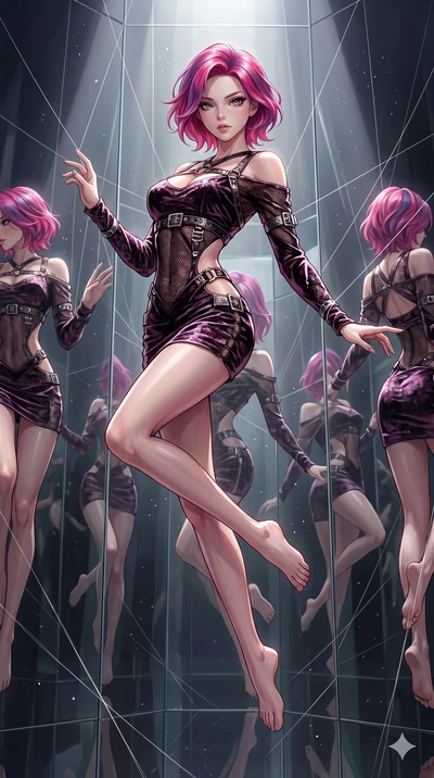 score_9, masterpiece, best quality, ultra-detailed, High-budget Anime Keyframe, East Asian woman. Dynamic full-body shot stretching the vertical silhouette to the limit. Scenario 36: Suspended by invisible silk threads in a hall of mirrors. Her prese