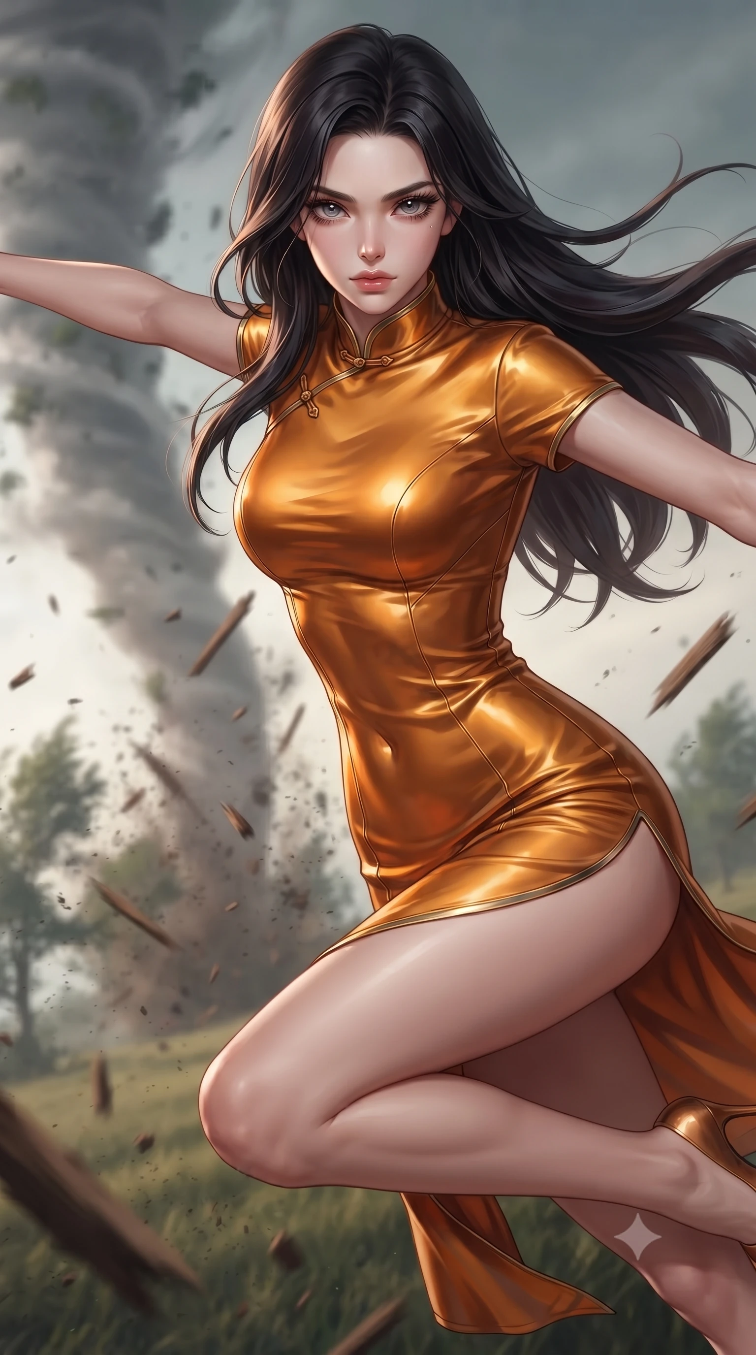 score_9, masterpiece, best quality, ultra-detailed, high-budget anime keyframe, editorial fashion photography, tasteful artistic composition, realistic cosplay photography, Korean woman. close-up cowboy shot from the waist and thighs up, the character dominates the composition, filling the frame with her large presence, background elements kept in soft focus. Leaping into the camera's view with an aggressive, mid-action strike pose. set against a soft-focus background of an open plain where a tornado is actively ripping up trees and debris, sending wooden splinters and dirt flying in a vortex. She has an exceptionally elegant and slender, willowy female figure with an ultra-slim waist, a gracefully sculpted slender torso, and a refined slim physique. sharp v-shaped jawline, high-bridge nose, intricate jewel-like eyes with depth, thick eyelashes, glossy lips with a natural sheen. wearing tailored for maximum mobility, sleek form-contouring panels that allow fluid movement, a body-hugging form-contouring qipao-inspired midi dress in liquid amber silk with a mandarin collar, catching gold reflections along her curves. soft glowing ambient light with sharp side key light tracing the sleek contours of her figure. ultra-reflective glossy finish, specular highlights, metallic sheen, high-contrast stereoscopic depth, volumetric dynamic lighting, 2k, ultra detail, master piece, 9:16 ratio