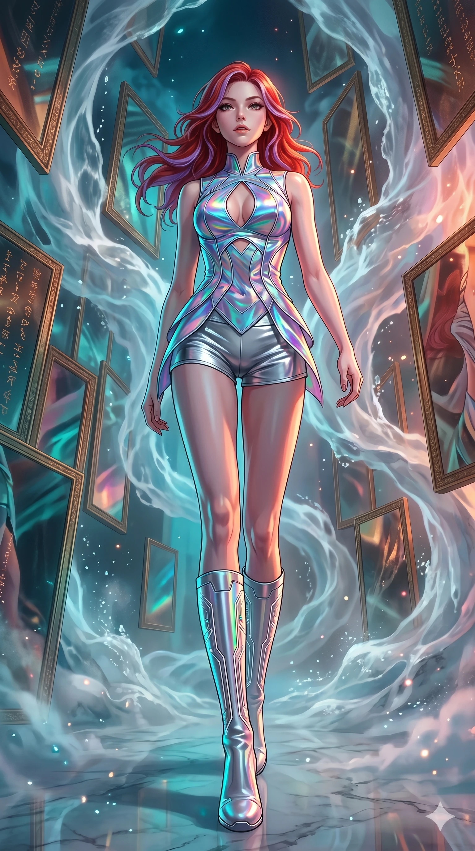 score_9, masterpiece, best quality, ultra-detailed, high-budget anime keyframe, Caucasian woman, strictly human ears. low angle full-body shot filling the entire 9:16 frame with her statuesque presence, stretching the vertical silhouette. wandering through a mirage cloud cathedral of translucent marble and water mist, surrounded by floating ancient bronze mirror walls. She has an absolutely perfect 8-heads proportion, an exceptionally tall and slender female figure with impossibly long slender legs and an ultra-slim waist. V-shaped jawline, high-bridge nose, intricate jewel-like eyes with depth, thick eyelashes, glossy lips with a natural sheen.. wearing a holographic liquid silk vest and silver metallic micro-shorts, featuring a keyhole cutout and form-fitting silhouette. accented by dynamic color-blocked lighting with high-contrast shadows emphasizing her statuesque height. 2k, ultra detail, master piece, 9:16 ratio