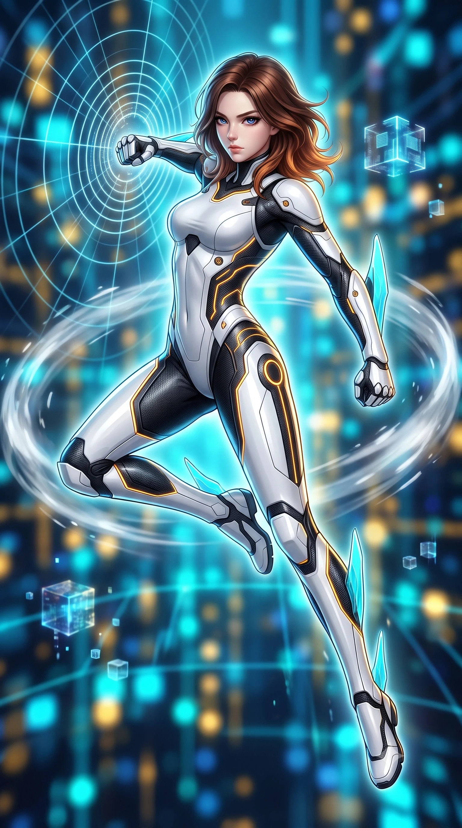 score_9, masterpiece, best quality, ultra-detailed, high-budget anime keyframe, semi-realistic 3D game render, editorial fashion photography, tasteful artistic composition, Korean woman. low angle full-body shot from head to toe showing her feet, filling the entire 9:16 vertical frame with her statuesque presence, stretching her vertical silhouette. leaping into mid-air with an athletic yet alluring arch of her spine, driving a downward kinetic strike surrounded by a ring of displaced air while pivoting dynamically as she delivers a precision fist strike into the air, causing quantum grid lines to ripple outward. The composition keeps background elements in soft focus with creamy bokeh. pulsing quantum grid lines and floating data cubes blurred into rich electric cyan, gold, and sapphire bokeh. She has an absolutely perfect, statuesque 8.5-heads proportion, an exceptionally tall and slender model-like female figure with impossibly long slender legs, a toned flat midriff, and an ultra-slim waist. sharp v-shaped jawline, high-bridge nose, intricate jewel-like eyes with depth, thick eyelashes, glossy lips with a natural sheen, flawlessly proportioned anatomical accuracy, strict slender model proportions, natural body alignment, perfectly sculpted long slender limbs, ultra-slim waistline, clean dynamic posture without body distortion. wearing a high-contrast monochrome white-and-black carbon-composite exoskeleton suit with glowing amber circuitry and aerodynamic limb fins in glacial ice-cyan carbon mesh with pure white armor plates, tailored from flexible second-skin carbon-mesh that clings flawlessly to her athletic curves, featuring a sleek aerodynamic collar framed by subtle glowing cybernetic status LEDs, the sleek second-skin cut tightly hugging her graceful clavicle, narrow waist, and feminine curves with athletic precision. surrounded by an omniscient, divine, and radiantly transcendent martial muse aura. rich saturated anime colors with glowing neon highlights, detailed shading with soft gradients, rich glossy textures, high-contrast stereoscopic depth, volumetric dynamic lighting, master piece, 9:16 ratio