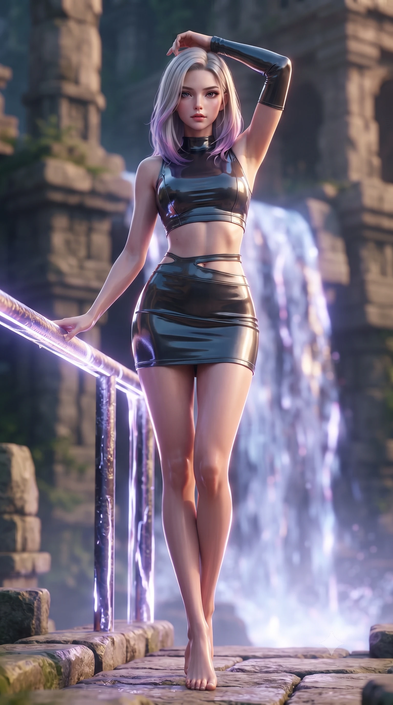 score_9, masterpiece, best quality, ultra-detailed, high-budget anime keyframe, editorial fashion photography, tasteful artistic composition, Caucasian woman. low angle full-body shot from head to toe showing her feet, filling the entire 9:16 vertical frame with her statuesque presence, stretching her vertical silhouette. standing in a tall, confident posture with one hand on a glowing metal railing, stretching her statuesque body, the background shows a soft-focus ancient stone ruins built next to a cascade of glowing liquid energy. She has an absolutely perfect, statuesque 8.5-heads proportion, an exceptionally tall and slender model-like female figure with impossibly long slender legs and an ultra-slim waist. sharp v-shaped jawline, high-bridge nose, intricate jewel-like eyes with depth, thick eyelashes, glossy lips with a natural sheen. wearing a body-hugging modern carbon-alloy crop top paired with a low-rise tactical skirt and a subtle waist cut-out. cascades of glowing liquid plasma energy tracing a rim light on her form. ultra-reflective glossy finish, specular highlights, metallic sheen, high-contrast stereoscopic depth, volumetric dynamic lighting, 2k, ultra detail, master piece, 9:16 ratio