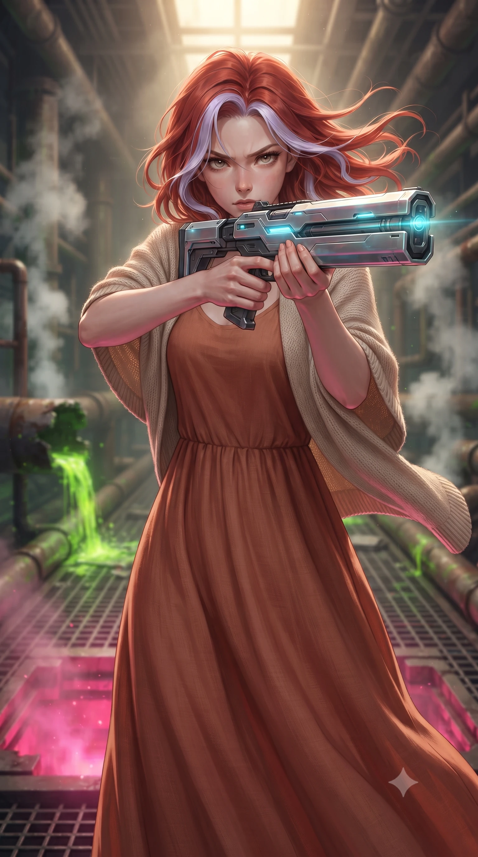 score_9, masterpiece, best quality, ultra-detailed, high-budget anime keyframe, editorial fashion photography, tasteful artistic composition, realistic cosplay photography, Caucasian woman, strictly human ears. close-up cowboy shot from the waist and thighs up, the character dominates the composition, filling the frame with her large presence, background elements kept in soft focus. Aiming a sleek holographic railgun with intense focused gaze and wind-blown hair. set against a soft-focus background of a factory corridor with broken pipes leaking glowing green acid onto a grid metal catwalk, steam rising in columns. She has an exceptionally elegant and slender, willowy female figure with an ultra-slim waist, a gracefully sculpted slender torso, and a refined slim physique. sharp v-shaped jawline, high-bridge nose, intricate jewel-like eyes with depth, thick eyelashes, glossy lips with a natural sheen. wearing catching and diffusing the glowing particles, shimmering softly in response to the surrounding light, a form-contouring flowing terracotta-colored linen maxi dress with a relaxed fit, layered with a light beige knitted shawl. dramatic contrast of hot pink furnace glow from below and cool golden light from above. ultra-reflective glossy finish, specular highlights, metallic sheen, high-contrast stereoscopic depth, volumetric dynamic lighting, 2k, ultra detail, master piece, 9:16 ratio