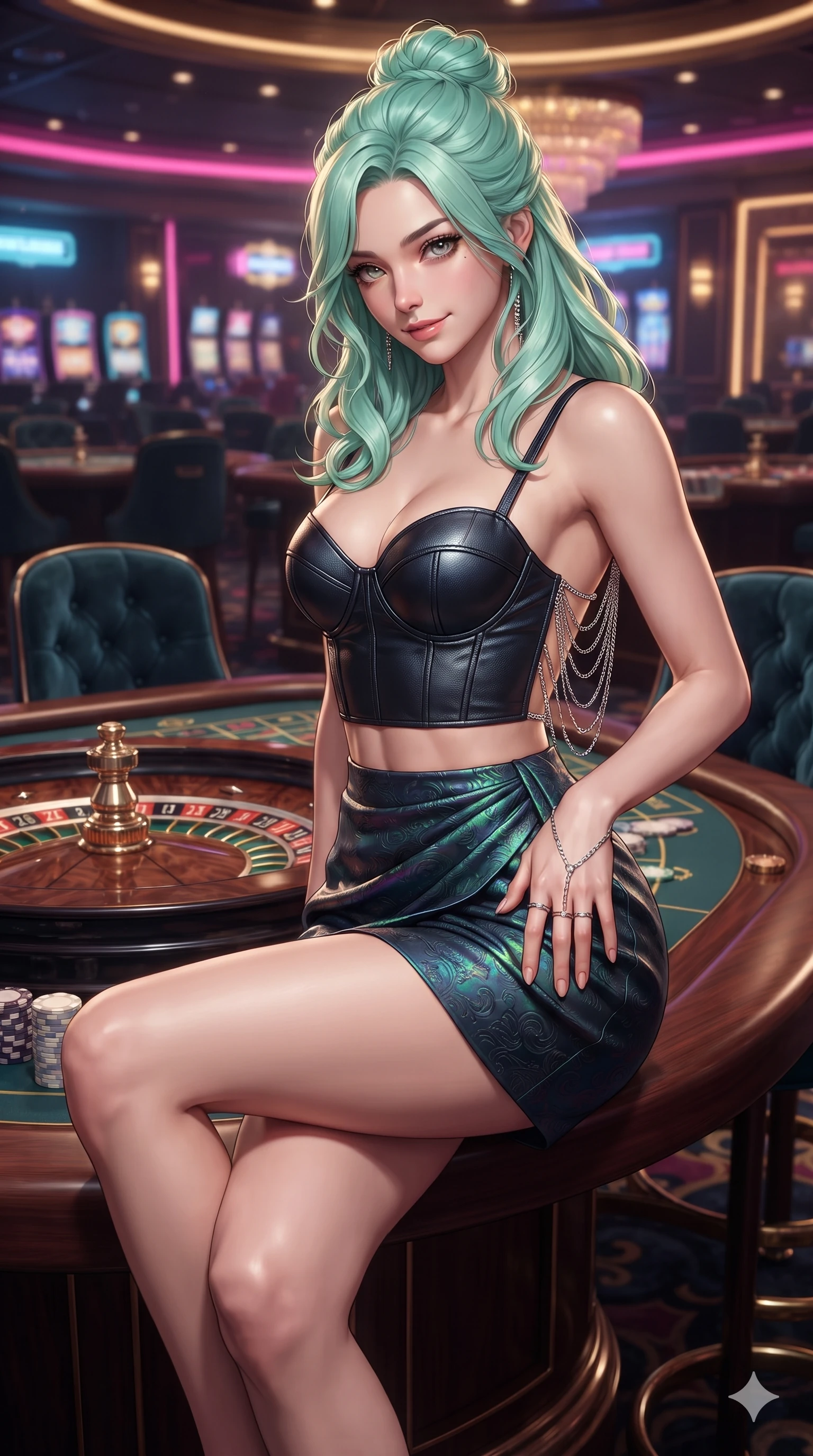 score_9, masterpiece, best quality, ultra-detailed, high-budget anime keyframe, editorial fashion photography, tasteful artistic composition, Japanese woman. close-up cowboy shot from the waist and thighs up, the character dominates the composition, filling the frame with her large presence. tilting her head with a teasing half-smile, running one hand slowly down the side of her hip in a flirtatious S-curve as ambient neon caresses her silhouette while perched on the mahogany roulette table edge with legs crossed, leaning close with sparkling eyes and an intoxicating siren smile. The surrounding environment is rendered in vivid detail and crisp panoramic clarity: sharp roulette wheel brass frets, mother-of-pearl casino chip inlays, and tufted velvet salon chairs in deep focus. She has an exceptionally elegant, slender, and willowy female figure with an ultra-slim waist, flat toned midriff, narrow ribcage, and sculpted feminine hips creating an alluring, slim hourglass silhouette without bulk. sharp v-shaped jawline, high-bridge nose, intricate jewel-like dark sparkling eyes with dangerous depth, thick curled eyelashes, glossy parted lips with a rich wine sheen, smoldering seductive half-smile with bedroom-eyes, exuding effortless superiority and intoxicating dark allure, flawlessly proportioned anatomical accuracy, strict slender model proportions, natural body alignment, perfectly sculpted long slender limbs, ultra-slim waistline, clean dynamic posture without body distortion. wearing a structured underwire leather bustier top paired with an ultra-short draped wrap mini skirt in iridescent petroleum beetle-sheen and deep graphite, tailored from rich silk jacquard with subtle embossed baroque patterns, accented with an open-back drape framed by falling strands of delicate chrome chains, the glove-like silhouette tightly following the natural contour of her hips and long slender legs with youthful 8.5-heads elegance. illuminated by polished mahogany table bounce and sharp champagne-gold rim lights sculpting her razor-sharp jawline, narrow waist, and curvy hips. ultra-reflective glossy finish, specular highlights, rich textural contrasts, high-contrast stereoscopic depth, volumetric dynamic lighting, 2k, ultra detail, master piece, 9:16 ratio