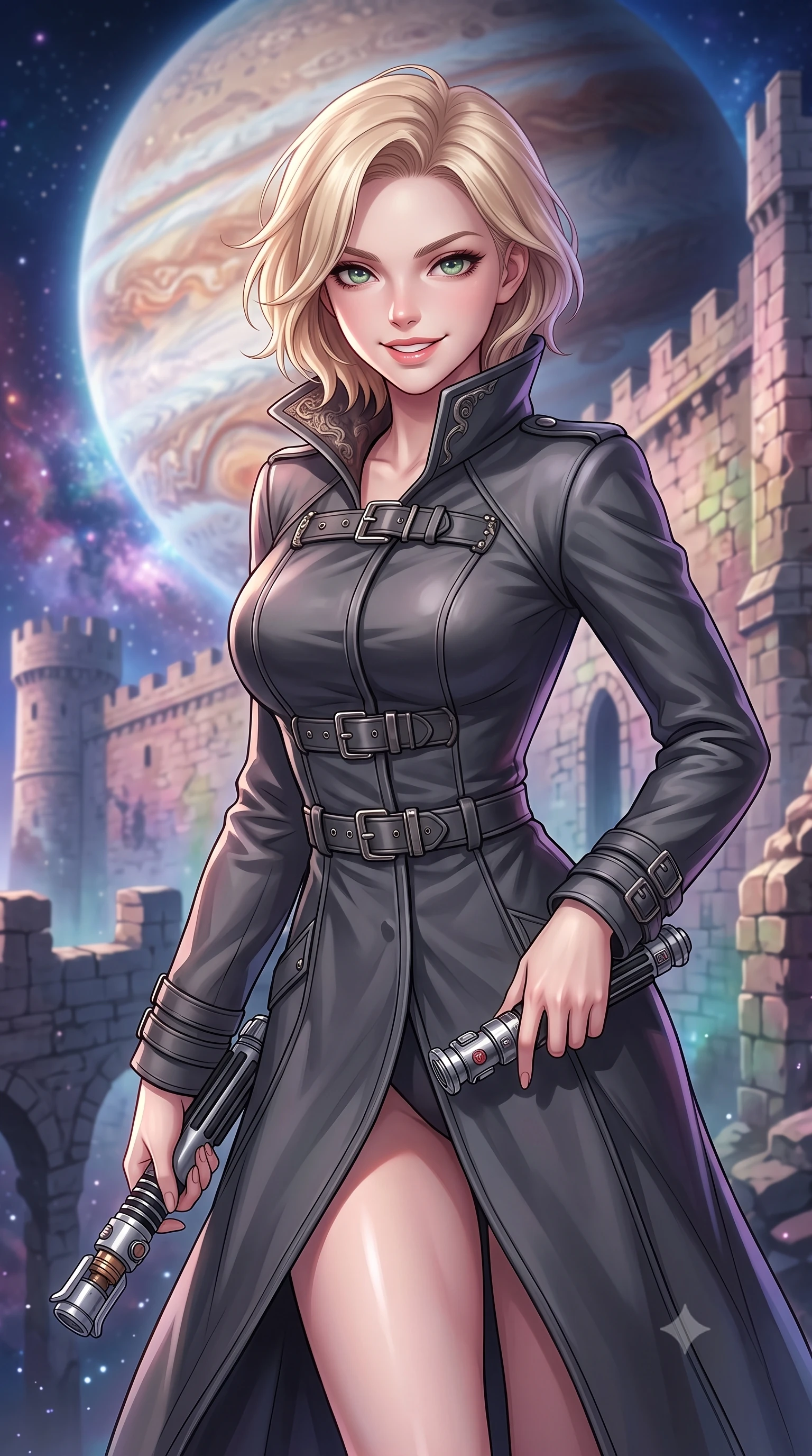 score_9, masterpiece, best quality, ultra-detailed, high-budget anime keyframe, editorial fashion photography, tasteful artistic composition, Caucasian woman. close-up cowboy shot from the waist and thighs up, the character dominates the composition, filling the frame with her large presence, background elements kept in soft focus. leaning slightly forward with a playful, teasing smile while holding a deactivated plasma saber hilt, the background shows a soft-focus ruined stone battlements of a citadel suspended in orbit around a gas planet. She has an exceptionally elegant, slender, and willowy female figure with an ultra-slim waist, a gracefully sculpted slender torso, and a refined silhouette. sharp v-shaped jawline, high-bridge nose, intricate jewel-like eyes with depth, thick eyelashes, glossy lips with a natural sheen. wearing a body-hugging tailored future military trench coat in charcoal grey, worn closed with heavy metallic buckles and high-collar lining. cosmic background light painting the ancient stone walls in a soft wash. highly saturated vibrant anime colors, detailed shading with soft gradients, rich glossy textures, high-contrast stereoscopic depth, volumetric dynamic lighting, master piece, 9:16 ratio