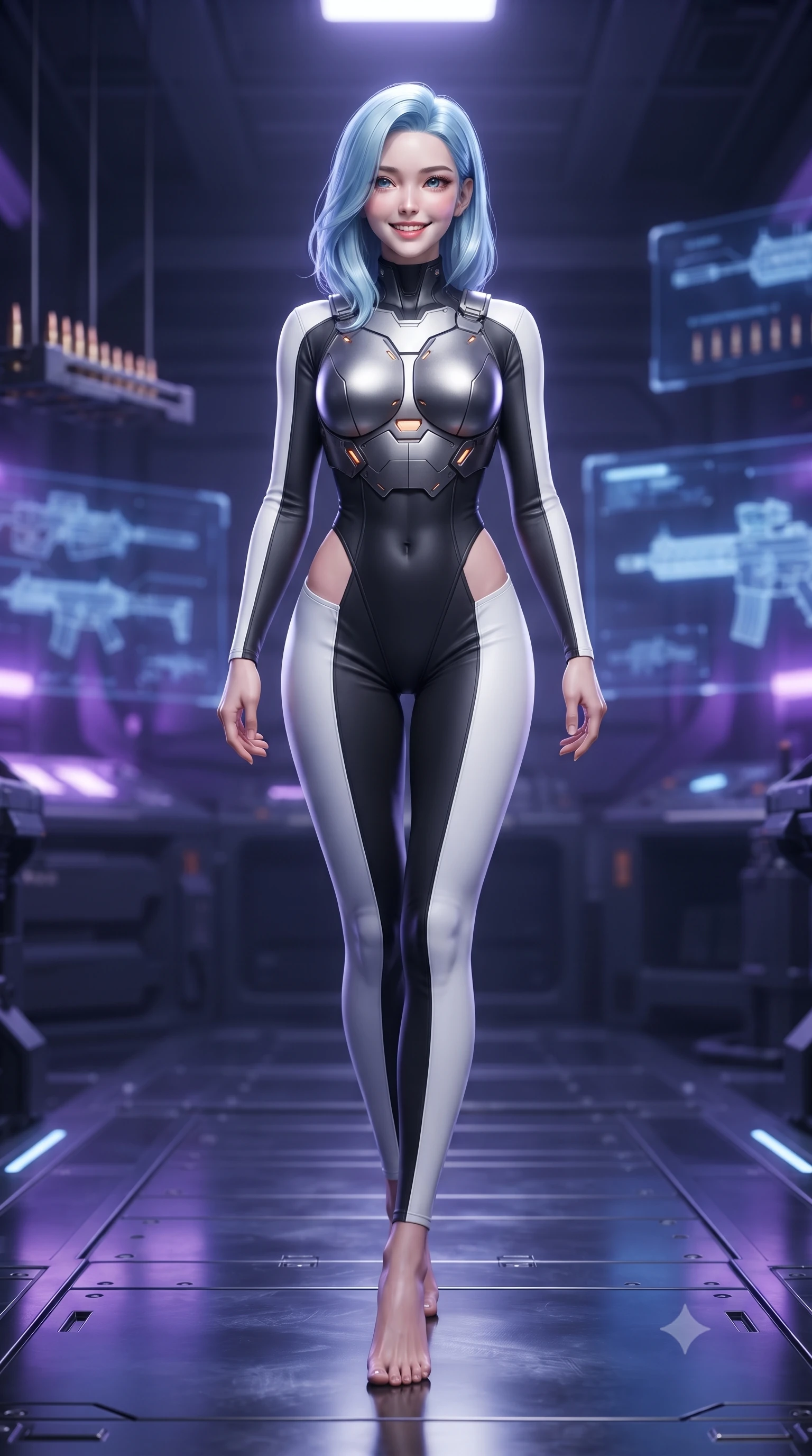 score_9, masterpiece, best quality, ultra-detailed, high-budget anime keyframe, editorial fashion photography, tasteful artistic composition, Korean woman. low angle full-body shot from head to toe showing her feet, filling the entire 9:16 vertical frame with her statuesque presence, stretching her vertical silhouette. striding forward gracefully across the reflective metal deck in mid-motion with a radiant beaming smile, hips swaying in an alluring kinetic rhythm that accentuates her curvy hourglass silhouette and long slender legs while sitting perched on an armored ammunition crate with one knee drawn up, her sleek tactical combat suit radiating powerful sensual charisma. The background shows a soft-focus suspended ammunition loading arms and holographic weapon schematics softened in tactical armory shallow focus. She has an absolutely perfect, statuesque 8.5-heads proportion, an exceptionally tall and slender model-like female figure with impossibly long slender legs, an ultra-slim waist, a flat toned midriff, narrow delicate ribcage, and beautifully sculpted feminine hips creating a graceful, slim hourglass silhouette without any bulky heaviness. sharp v-shaped jawline, high-bridge nose, intricate jewel-like sparkling eyes with depth, thick eyelashes, glossy parted lips with a natural sheen, bright confident smile with an enchanting and coquettish sensual glint, exuding both youthful magnetic charm and sovereign high-tech allure, flawlessly proportioned anatomical accuracy, strict slender model proportions, natural body alignment, perfectly sculpted long slender limbs, ultra-slim waistline, clean dynamic posture without body distortion. wearing a sculpted titanium-alloy breastplate bodice worn over an ultra-tight matte stretch bodysuit with side hip cutouts in dual-tone high-contrast monochrome black and stark white, tailored from brushed aeronautical titanium alloy with matte satin sheen, accented with subtle hexagonal heat-sink vents glowing with dim orange thermal heat, the precision-cut side openings and low-back scoop framing her graceful spine and the sensual sweep of her slim, toned hips. bathed in intense violet and electric blue plasma charging glow contrasting with industrial shadows. ultra-reflective glossy finish, specular highlights, rich textural contrasts, high-contrast stereoscopic depth, volumetric dynamic lighting, 2k, ultra detail, master piece, 9:16 ratio