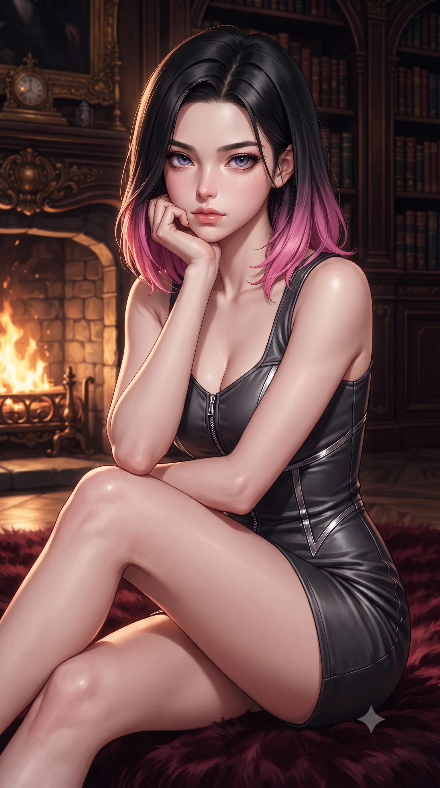 score_9, masterpiece, best quality, ultra-detailed, high-budget anime keyframe, editorial fashion photography, tasteful artistic composition, Korean woman. close-up cowboy shot from the waist and thighs up, the character dominates the composition, filling the frame with her large presence, background elements kept in soft focus. Resting her chin on the backs of her fingers with an air of effortless superiority, resting on a plush dark velvet rug before a roaring stone fireplace in a gothic library, deep mahogany bookshelves creating rich dark brown and gold background tones. She has an exceptionally elegant, slender, and willowy female figure with an ultra-slim waist, a gracefully sculpted slender torso, and a refined silhouette. sharp v-shaped jawline, high-bridge nose, intricate jewel-like eyes with depth, thick eyelashes, glossy lips with a natural sheen. wearing aerodynamic second-skin dark silver metallic bodycon dress in dark charcoal gray, made of polished black leather, finished with metallic silver boning and sleek zipper points, highlighting her statuesque proportions and ultra-slim waistline. surrounded by a warm golden glow with sharp edge highlights from firelight. highly saturated vibrant anime colors, detailed shading with soft gradients, rich glossy textures, high-contrast stereoscopic depth, volumetric dynamic lighting, master piece, 9:16 ratio