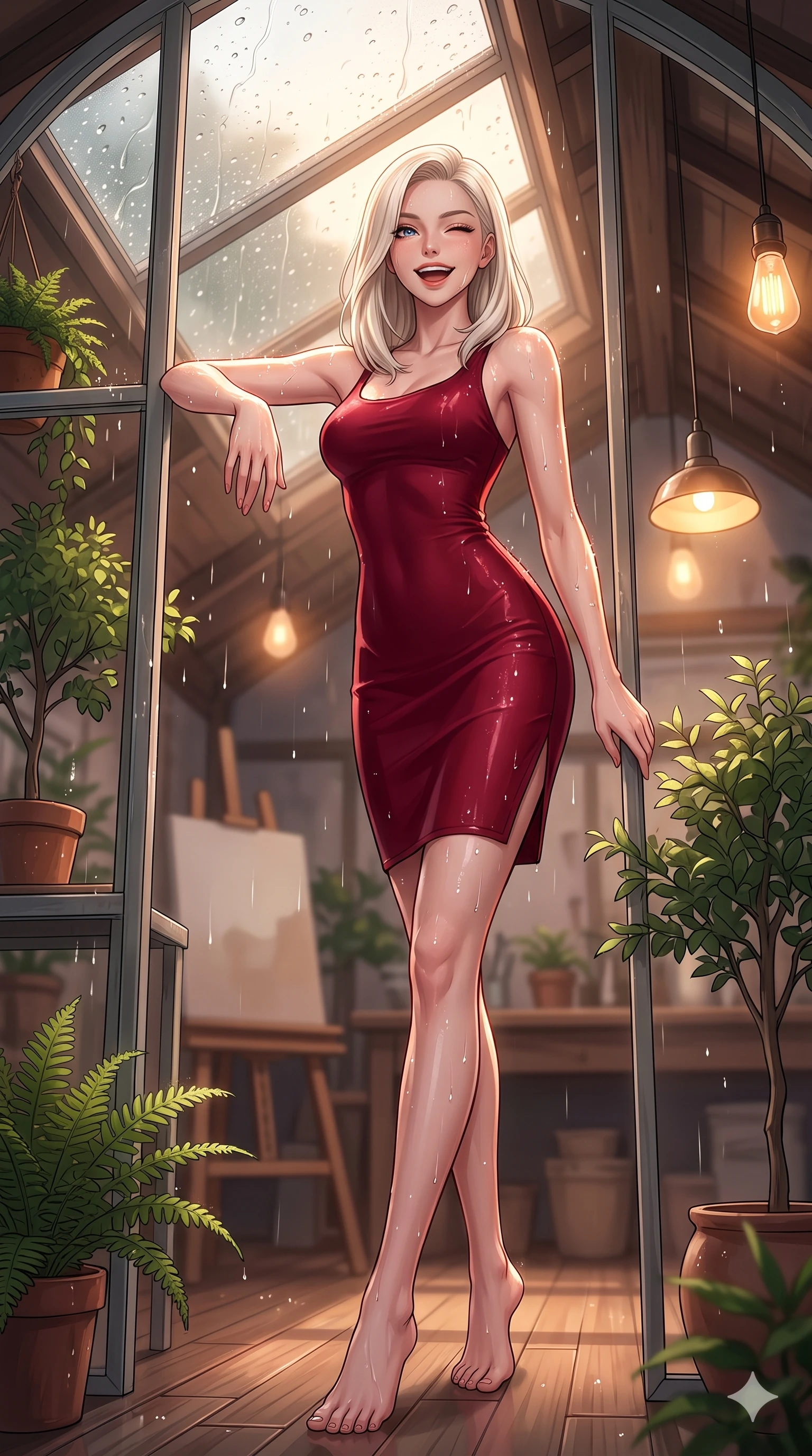 score_9, masterpiece, best quality, ultra-detailed, high-budget anime keyframe, vibrant anime aesthetic, Caucasian woman, strictly human ears. low angle full-body shot from head to toe showing her feet, filling the entire 9:16 vertical frame with her statuesque presence, stretching her vertical silhouette. She is leaning against a greenhouse frame, winking and laughing happily, her eyes glowing with lively energy under the glass conservatory dome. inside a cozy attic studio with a large skylight pane covered in sliding rain droplets, bathed in soft warm light (Code-P22-044). She has an absolutely perfect 8-heads proportion, an exceptionally tall and slender female figure with impossibly long slender legs and an ultra-slim waist. V-shaped jawline, high-bridge nose, intricate jewel-like eyes with depth, thick eyelashes, glossy lips with a natural sheen. wearing a sleek bodycon dress featuring refined side vent accents in deep crimson. She is drenched in bright, warm sun showers, casting sharp highlights on the raindrops, creating a warm, inviting, and atmospheric glow in the cozy indoor garden. 2k, ultra detail, master piece, 9:16 ratio