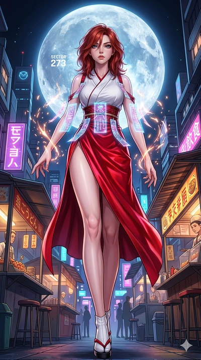 score_9, masterpiece, best quality, ultra-detailed, Set A: High-budget Anime Keyframe, Caucasian (strictly human ears) woman. Low angle cowboy shot filling the entire 9:16 frame with her statuesque presence. Casting a spell through a futuristic night