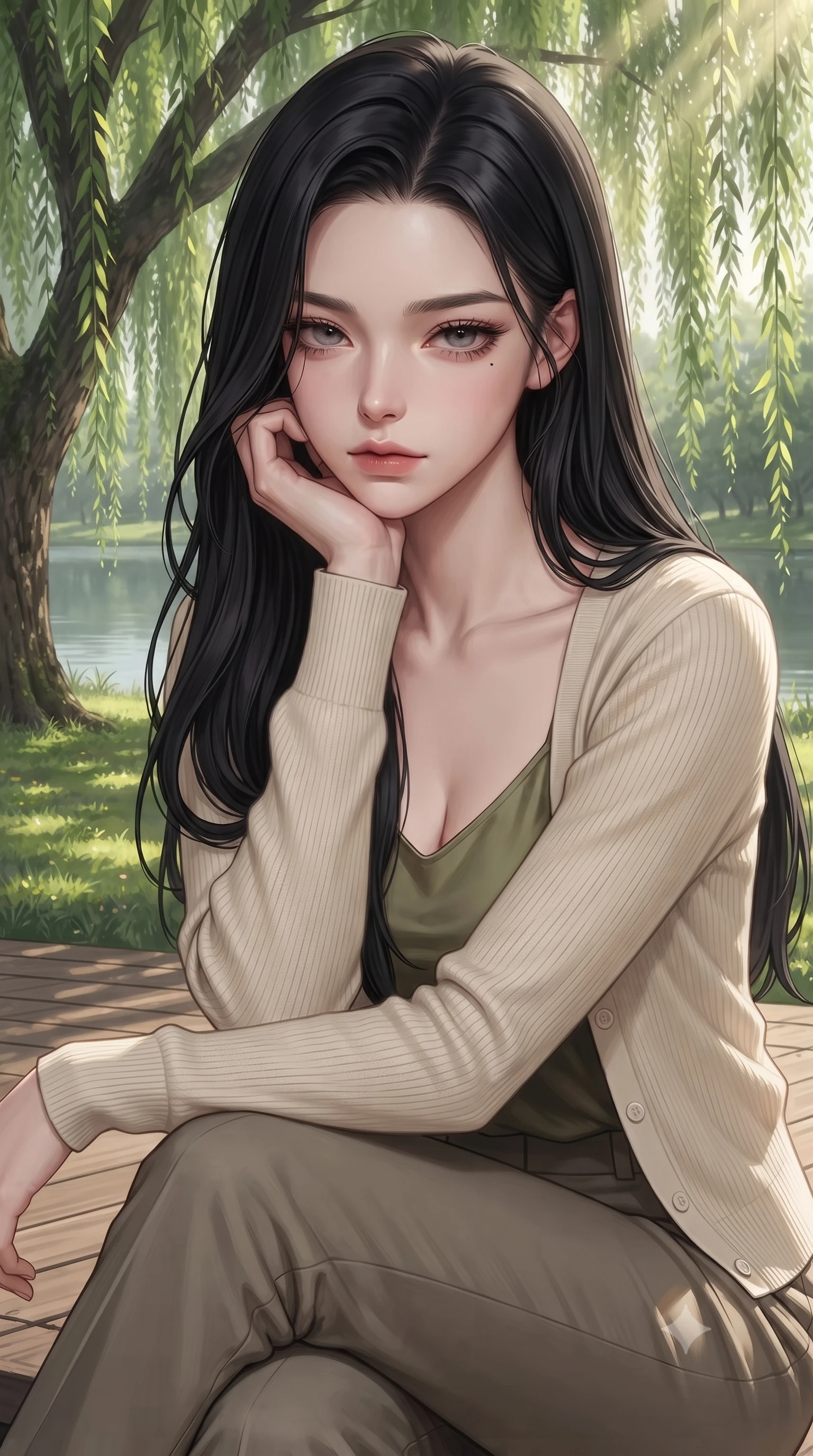 score_9, masterpiece, best quality, ultra-detailed, high-budget anime keyframe, editorial fashion photography, tasteful artistic composition, Korean woman woman. close-up cowboy shot from the waist and thighs up, the character dominates the composition, filling the frame with her large presence, background elements kept in soft focus. resting her chin on the backs of her fingers, casting a heavy-lidded, sultry look past the camera the background shows a soft-focus a wooden deck under a large weeping willow tree near a calm lake in a private park. She has an exceptionally elegant, slender, and willowy female figure with an ultra-slim waist, a gracefully sculpted slender torso, and a refined silhouette. sharp v-shaped jawline, high-bridge nose, intricate jewel-like eyes with depth, thick eyelashes, glossy lips with a natural sheen. wearing a form-contouring comfortable cream knit cardigan worn over an olive green silk camisole and tailored trousers. dappled sunbeams filtering through the willow leaves onto the grass. ultra-reflective glossy finish, specular highlights, metallic sheen, high-contrast stereoscopic depth, volumetric dynamic lighting, 2k, ultra detail, master piece, 9:16 ratio