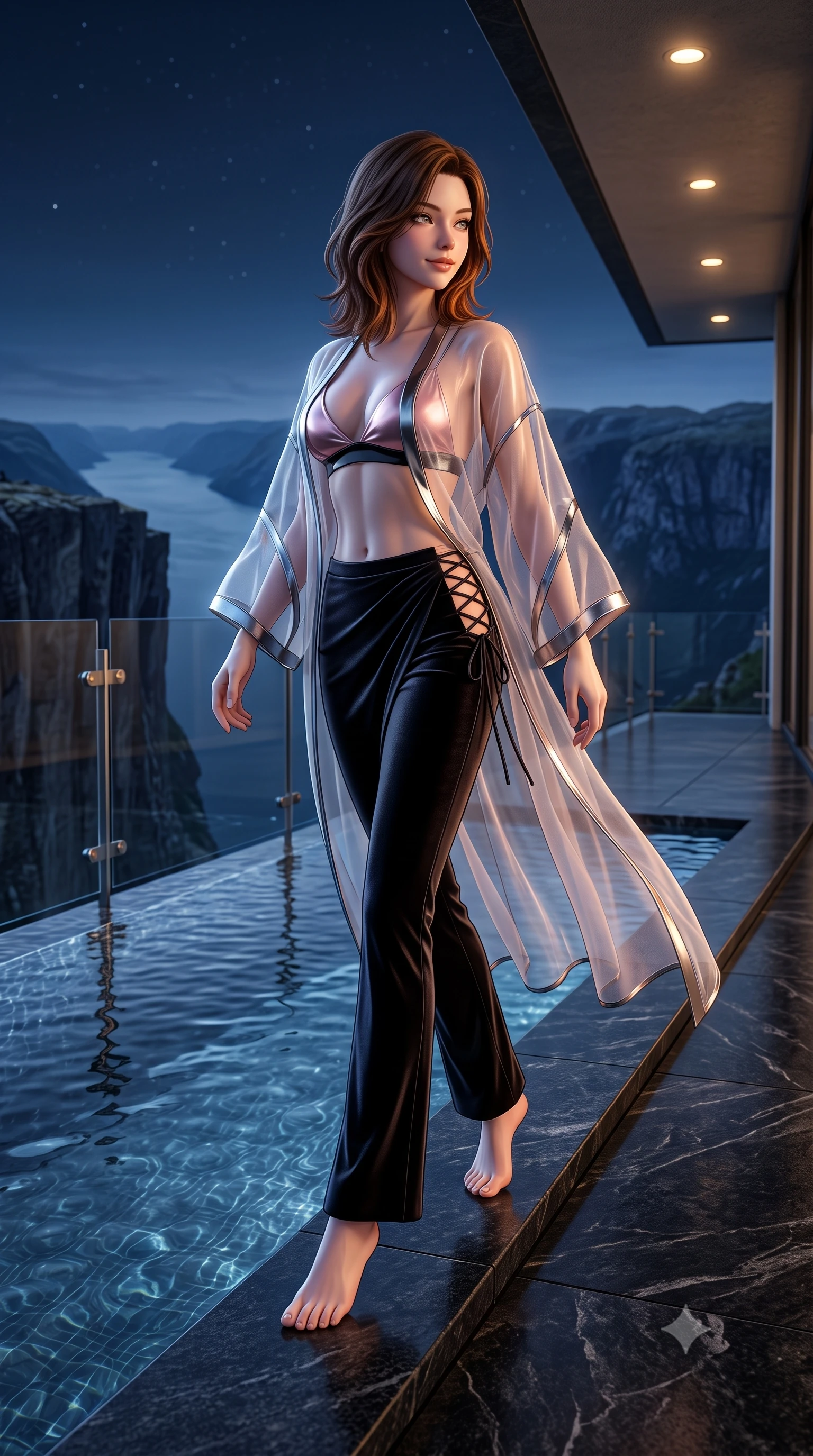 score_9, masterpiece, best quality, ultra-detailed, high-budget anime keyframe, semi-realistic 3D game render, editorial fashion photography, tasteful artistic composition, Korean woman. low angle full-body shot from head to toe showing her feet, filling the entire 9:16 vertical frame with her statuesque presence, stretching her vertical silhouette. walking along the terrace with poise, looking back over her bare shoulder with an irresistible smoldering bedroom-gaze while standing poised at the edge of the dark granite infinity edge jutting over the sheer fjord cliff, arching her back with high-fashion ease. The surrounding environment is rendered in vivid detail and crisp panoramic clarity: sharp honed black granite stone veining, water surface tension meniscus, and precision glass railing hardware in deep focus. She has an exceptionally tall and slender model-like 8.5-heads proportion, an ultra-slim waist, a flat toned midriff, narrow delicate ribcage, and beautifully sculpted feminine hips creating a graceful, slim hourglass silhouette without any bulky heaviness, with impossibly long slender legs. sharp v-shaped jawline, high-bridge nose, intricate jewel-like sparkling eyes with depth, thick eyelashes, glossy parted lips with a natural peach sheen, bright cheerful beaming smile with an enchanting and coquettish sensual glint, exuding both youthful cute charm and seductive allure, flawlessly proportioned anatomical accuracy, strict slender model proportions, natural body alignment, perfectly sculpted long slender limbs, ultra-slim waistline, clean dynamic posture without body distortion. wearing a delicate sheer organza futuristic caftan with metallic chrome accents worn open over a micro liquid-metal bralette in Kyoto moonlit sakura blush and polished urushi black, tailored from ultra-plush silk velvet with rich tactile depth and deep shadow gradients, featuring fine criss-cross lace-up side ties revealing tantalizing glimpses of her hip curve, the glove-like clinging cut tightly following the natural contour of her hips and long slender legs with youthful 8.5-heads elegance. bathed in cool moonlight and starlight balanced with warm 2700K architectural recessed ledge downlights. highly saturated vibrant anime colors, detailed shading with soft gradients, rich glossy textures, high-contrast stereoscopic depth, volumetric dynamic lighting, master piece, 9:16 ratio