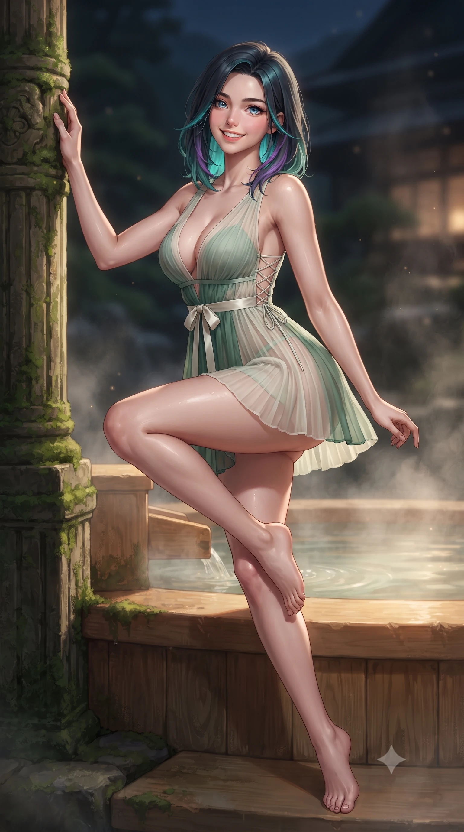 score_9, masterpiece, best quality, ultra-detailed, high-budget anime keyframe, editorial fashion photography, tasteful artistic composition, Caucasian woman. low angle full-body shot from head to toe showing her feet, filling the entire 9:16 vertical frame with her statuesque presence, stretching her vertical silhouette. standing tall beside the architectural column, one hand resting high while arching her lower back to emphasize her sculpted feminine hips and slender waist while sitting perched gracefully on the warm hinoki bath edge with one knee drawn up, her long slender legs and statuesque hourglass silhouette commanding the nocturnal forest view. The background shows a soft-focus delicate rising thermal bath vapor softened in secluded Kyoto mountain sanctuary shallow focus. She has an exceptionally tall and slender model-like 8.5-heads proportion, an ultra-slim waist, a flat toned midriff, narrow delicate ribcage, and beautifully sculpted feminine hips creating a graceful, slim hourglass silhouette without any bulky heaviness, with impossibly long slender legs. sharp v-shaped jawline, high-bridge nose, intricate jewel-like sparkling eyes with depth, thick eyelashes, glossy parted lips with a natural peach sheen, bright cheerful beaming smile with an enchanting and coquettish sensual glint, exuding both youthful cute charm and seductive allure, flawlessly proportioned anatomical accuracy, strict slender model proportions, natural body alignment, perfectly sculpted long slender limbs, ultra-slim waistline, clean dynamic posture without body distortion. wearing a sheer pleated chiffon baby-doll dress with a plunging sweetheart neckline and satin ribbon waist tie in Namsan moonlit mist ivory and jade pine green, made of fluid liquid jersey with seamless sculpting hold and smooth contours, featuring fine criss-cross lace-up side ties revealing tantalizing glimpses of her hip curve, the liquid-tight tailored fabric clinging flawlessly to her narrow waist and rounded feminine hips, emphasizing every millimeter of her sculpted slim hourglass curves without any bulky heaviness. illuminated by hot spring water caustics bounce and sharp pearlescent rim lights sculpting her jawline, flat midriff, and curvaceous hips. ultra-reflective glossy finish, specular highlights, rich textural contrasts, high-contrast stereoscopic depth, volumetric dynamic lighting, 2k, ultra detail, master piece, 9:16 ratio