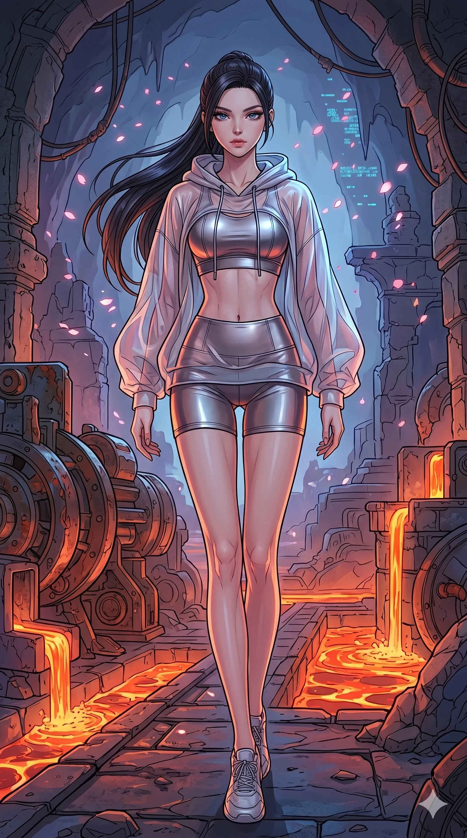 score_9, masterpiece, best quality, ultra-detailed, high-budget anime movie keyframe, cinematic anime lighting, intricate line art, Caucasian (strictly human ears) woman. Dynamic full-body shot stretching the vertical silhouette across the 9:16 frame. exploring lost ruins in a volcanic lava forge with digital sakura petals. She has an absolutely perfect 8-heads proportion, an exceptionally tall and slender female figure with an ultra-slim waist and impossibly long slender legs. sharp v-shaped jawline, high-bridge nose, intricate jewel-like eyes, thick eyelashes, glossy lips. Wearing premium athleisure set with a metallic-finish compression top, high-cut yoga shorts that accentuate her long legs, and a sheer oversized hoodie. The scene is illuminated by dramatic atmospheric lighting and vibrant color palettes. , 2k, ultra detail, master piece, 9:16 ratio