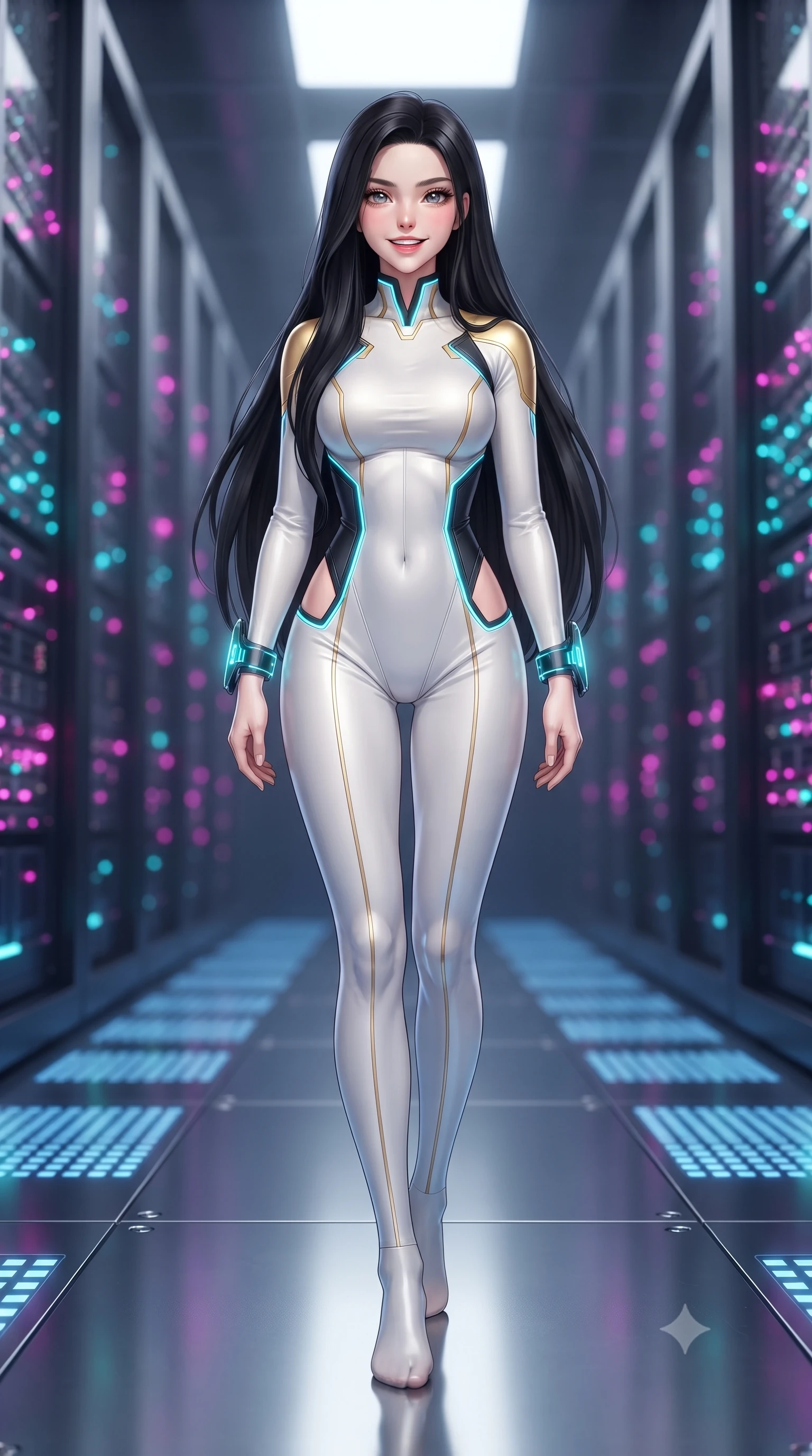 score_9, masterpiece, best quality, ultra-detailed, high-budget anime keyframe, editorial fashion photography, tasteful artistic composition, Korean woman. low angle full-body shot from head to toe showing her feet, filling the entire 9:16 vertical frame with her statuesque presence, stretching her vertical silhouette. sitting perched on the elevated maintenance gantry edge with legs crossed and hips angled toward the camera, displaying her toned midriff and long slender limbs with joyful, coquettish charm while standing poised in the center of the reflective vault floor, her tight combat suit and statuesque presence commanding the futuristic tech cathedral. The background shows a soft-focus endless towering rows of black glass quantum servers and glowing fiber-optic bundles blurred into laser magenta, cyan, and obsidian bokeh. She has an absolutely perfect, statuesque 8.5-heads proportion, an exceptionally tall and slender model-like female figure with impossibly long slender legs, an ultra-slim waist, a flat toned midriff, narrow delicate ribcage, and beautifully sculpted feminine hips creating a graceful, slim hourglass silhouette without any bulky heaviness. sharp v-shaped jawline, high-bridge nose, intricate jewel-like sparkling eyes with depth, thick eyelashes, glossy parted lips with a natural sheen, bright confident smile with an enchanting and coquettish sensual glint, exuding both youthful magnetic charm and sovereign high-tech allure, flawlessly proportioned anatomical accuracy, strict slender model proportions, natural body alignment, perfectly sculpted long slender limbs, ultra-slim waistline, clean dynamic posture without body distortion. wearing a form-fitting white-and-gold zero-gravity EVA jumpsuit with an ultra-slim corseted waist and exposed clavicle line in matte obsidian black and glowing neon cyan trim, made of supple second-skin compression stretch jersey clinging flawlessly to her form, featuring sleek glowing cyan HUD display wrist cuffs with floating data telemetry, the precision-cut side openings and low-back scoop framing her graceful spine and the sensual sweep of her slim, toned hips. illuminated by under-floor blue grid lights and sharp ultraviolet rim lighting defining her razor-sharp jawline, narrow waist, and curvy hips. ultra-reflective glossy finish, specular highlights, rich textural contrasts, high-contrast stereoscopic depth, volumetric dynamic lighting, 2k, ultra detail, master piece, 9:16 ratio