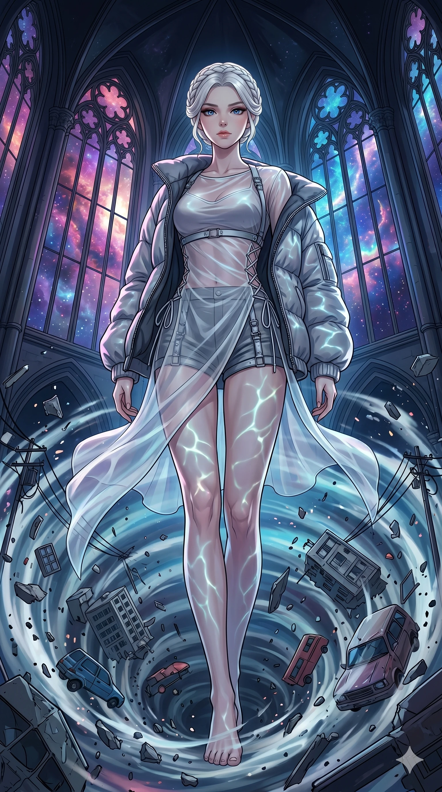 score_9, masterpiece, best quality, ultra-detailed, High-budget Anime Keyframe, vibrant colors, fluid line-art, expressive lighting, cinematic composition, Ufotable-style visual effects, top-tier animation quality, Japanese woman with delicate and elegant anime-inspired features. Dynamic full-body shot stretching the vertical silhouette, capturing her from a powerful low-angle perspective. Standing in the eye of a terrifying hurricane with absolute calm, the debris of a destroyed city circling her in a violent vortex. She has an absolutely perfect 8-heads proportion, an exceptionally tall and slender female figure with impossibly long slender legs and an ultra-slim waist, her statuesque height and towering silhouette dominating the vertical 9:16 frame. Her face is a masterpiece featuring a sharp v-shaped jawline, high-bridge nose, intricate jewel-like eyes with depth, thick eyelashes, and glossy lips with a natural sheen. She is wearing a Oversized puffer jacket worn over a stylish shorts and harness set, unzipped to reveal her chest crafted from Sheer silk that is translucent, flowing like water around her statuesque frame, featuring a elegant neckline and delicate lace-up side details. The scene is set in a majestic gothic cathedral in deep space with massive windows overlooking a swirling nebula, illuminated by underwater caustic lighting with ripples of light dancing across her body. 2k, ultra detail, master piece, 9:16 ratio