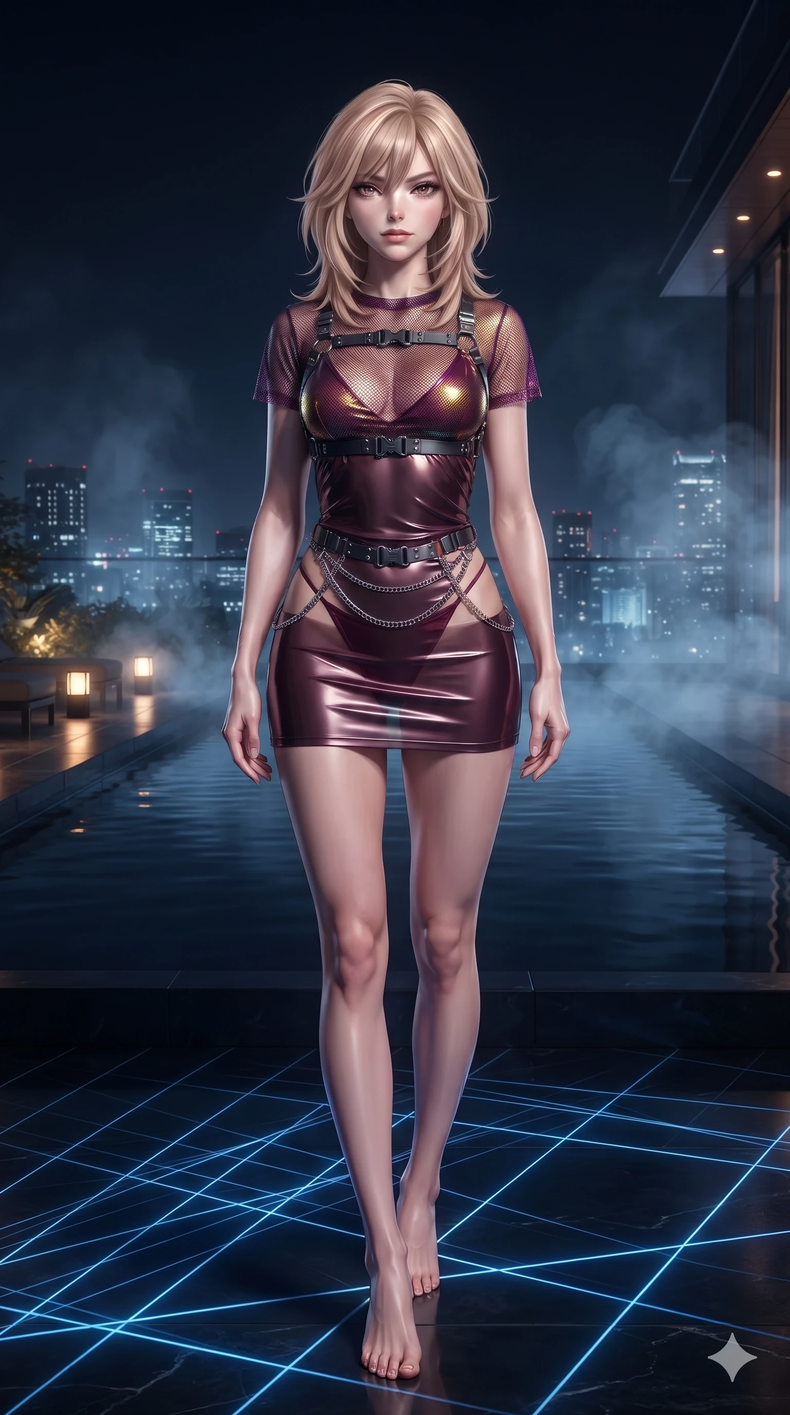 score_9, masterpiece, best quality, ultra-detailed, high-budget anime keyframe, editorial fashion photography, tasteful artistic composition, Japanese woman. low angle full-body shot from head to toe showing her feet, filling the entire 9:16 vertical frame with her statuesque presence, stretching her vertical silhouette. poised on the dark reflective floor while laser grids scan the room, her statuesque silhouette commanding the frame while standing beside a dark infinity pool reflecting distant night city skyscrapers, cool night mist drifting gently across the dark rooftop terrace. The surrounding environment is rendered in vivid detail and crisp panoramic clarity: detailed backless liquid vinyl slip dress cling, gunmetal harness clasps, and luxury minimalist terrace design in razor-sharp precision. She has an absolutely perfect, statuesque 8.5-heads proportion, an exceptionally tall and slender model-like female figure with impossibly long slender legs, an ultra-slim waist, a flat toned midriff, narrow delicate ribcage, and beautifully sculpted feminine hips creating a graceful, slim hourglass silhouette without any bulky heaviness. sharp v-shaped jawline, high-bridge nose, intricate jewel-like dark sparkling eyes with hypnotic seductive depth, thick curled eyelashes, glossy parted lips with a natural wine sheen, alluring bedroom-eyes with an enigmatic smoldering smile, exuding magnetic sovereign charisma and dark avant-garde glamour, flawlessly proportioned anatomical accuracy, strict slender model proportions, natural body alignment, perfectly sculpted long slender limbs, ultra-slim waistline, clean dynamic posture without body distortion. wearing a translucent iridescent mesh swim crop top paired with high-cut string bikini bottoms and dark waist chains in deep wine burgundy and lustrous gold foil, tailored from smooth liquid silk satin that clings smoothly to her narrow waist and rounded hips with a dewy sheen, framed by dark titanium buckles and silver chain details, the high-slit wrap tailoring accentuating her ultra-slim waistline and the enchanting curve of her feminine hips with alluring seductive charm. illuminated by low warm amber garden lights and distant city skyglow reflecting off still pool waters. ultra-reflective glossy finish, specular highlights, metallic sheen, high-contrast stereoscopic depth, volumetric dynamic lighting, 2k, ultra detail, master piece, 9:16 ratio