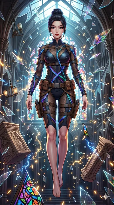 score_9, masterpiece, best quality, ultra-detailed, Set A: High-budget Anime Keyframe, Korean woman. Low angle cowboy shot filling the entire 9:16 frame with her statuesque presence. Floating through a shattered glass cathedral, as gravity fails and 