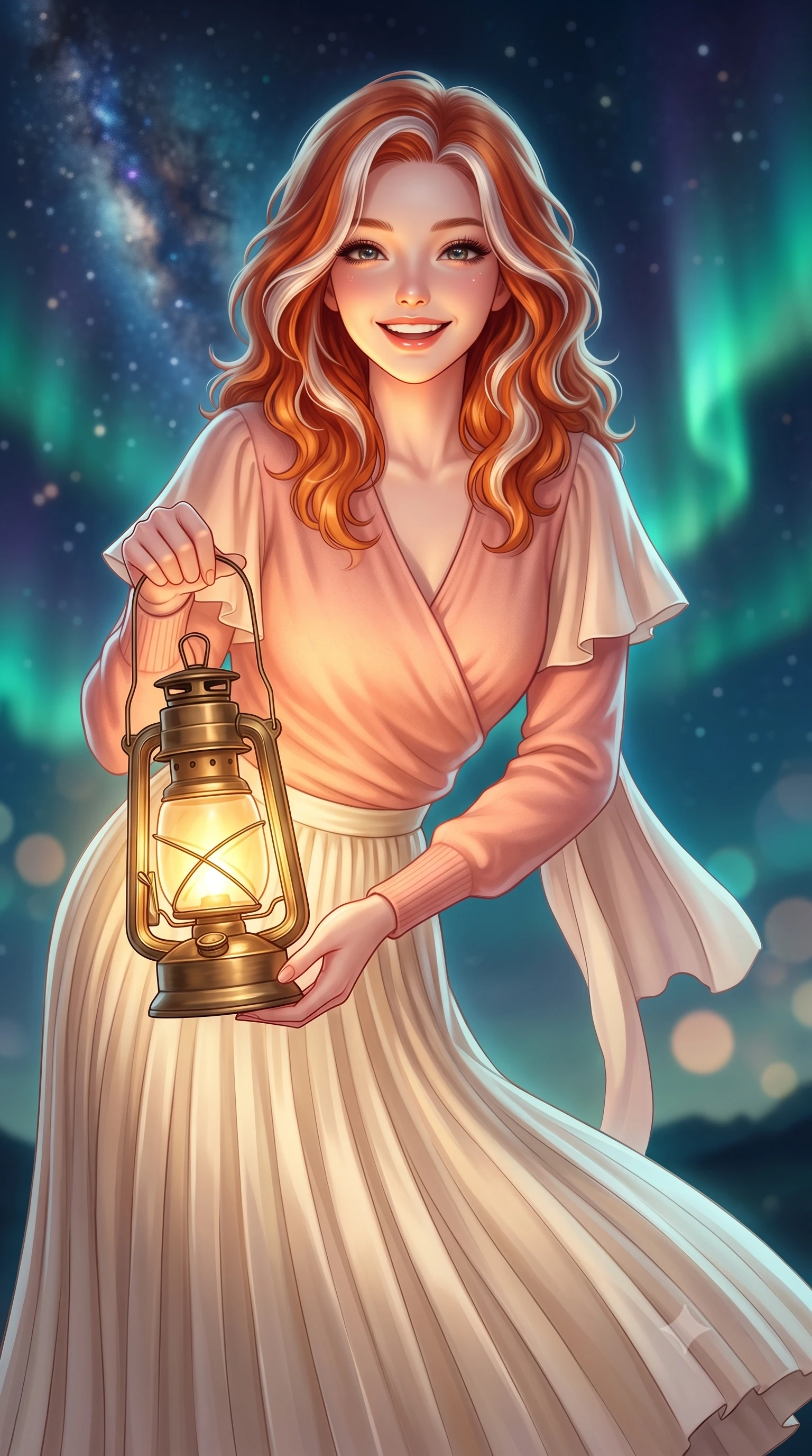 score_9, masterpiece, best quality, ultra-detailed, high-budget anime keyframe, semi-realistic 3D game render, editorial fashion photography, tasteful artistic composition, Caucasian woman. close-up cowboy shot from the waist and thighs up, the character dominates the composition, filling the frame with her large presence. radiating a joyful bright smile with sparkling jewel-like eyes and pure charming energy, leaning forward with playful grace while holding a vintage brass camping lantern that casts a warm, golden glow across her sweet, radiant face. The composition keeps background elements in soft focus with creamy bokeh. dazzling Milky Way star clusters and dancing emerald aurora ribbons blurred into deep indigo, teal, and celestial bokeh. She has an exceptionally elegant, slender, and willowy female figure with an ultra-slim waist, a gracefully sculpted slender torso, toned flat midriff, and a refined slim silhouette. sharp v-shaped jawline, high-bridge nose, intricate jewel-like eyes with depth, thick eyelashes, glossy lips with a natural sheen, pure and lovely fresh girlhood expression, flawlessly proportioned anatomical accuracy, strict slender model proportions, natural body alignment, perfectly sculpted long slender limbs, ultra-slim waistline, clean dynamic posture without body distortion. wearing an elegant soft cashmere wrap sweater paired with a flowing pleated satin midi skirt in warm peach blossom pink and champagne ivory, tailored from crisp organic cotton poplin, featuring elegant flutter sleeves and a graceful open collar, the breezy lightweight fabric fluttering softly against her delicate collarbones, narrow waist, and feminine curves. surrounded by a magical, romantic, and breathtakingly wondrous starlit maiden aura. highly saturated vibrant anime colors, detailed shading with soft gradients, rich glossy textures, high-contrast stereoscopic depth, volumetric dynamic lighting, master piece, 9:16 ratio