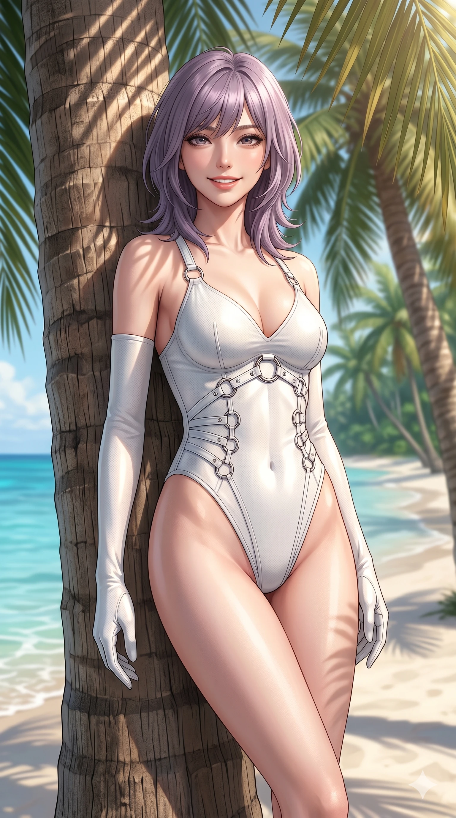 score_9, masterpiece, best quality, ultra-detailed, high-budget anime keyframe, editorial fashion photography, tasteful artistic composition, Japanese woman. cowboy shot from the thighs up, character and outfit filling the frame for maximum editorial presence. smiling warmly with a relaxed and peaceful gaze, looking directly at the camera leaning against a palm tree trunk on a quiet private beach. She has an absolutely perfect 8-heads proportion, an exceptionally tall and slender female figure with impossibly long slender legs and an ultra-slim waist. V-shaped jawline, high-bridge nose, intricate jewel-like eyes with depth, thick eyelashes, glossy lips with a natural sheen. wearing a glove-like white bodysuit with high-cut leg lines and strategic chrome-ring hardware. bathed in warm morning sunlight filtering through the palm fronds, casting soft shadows. 2k, ultra detail, master piece, 9:16 ratio