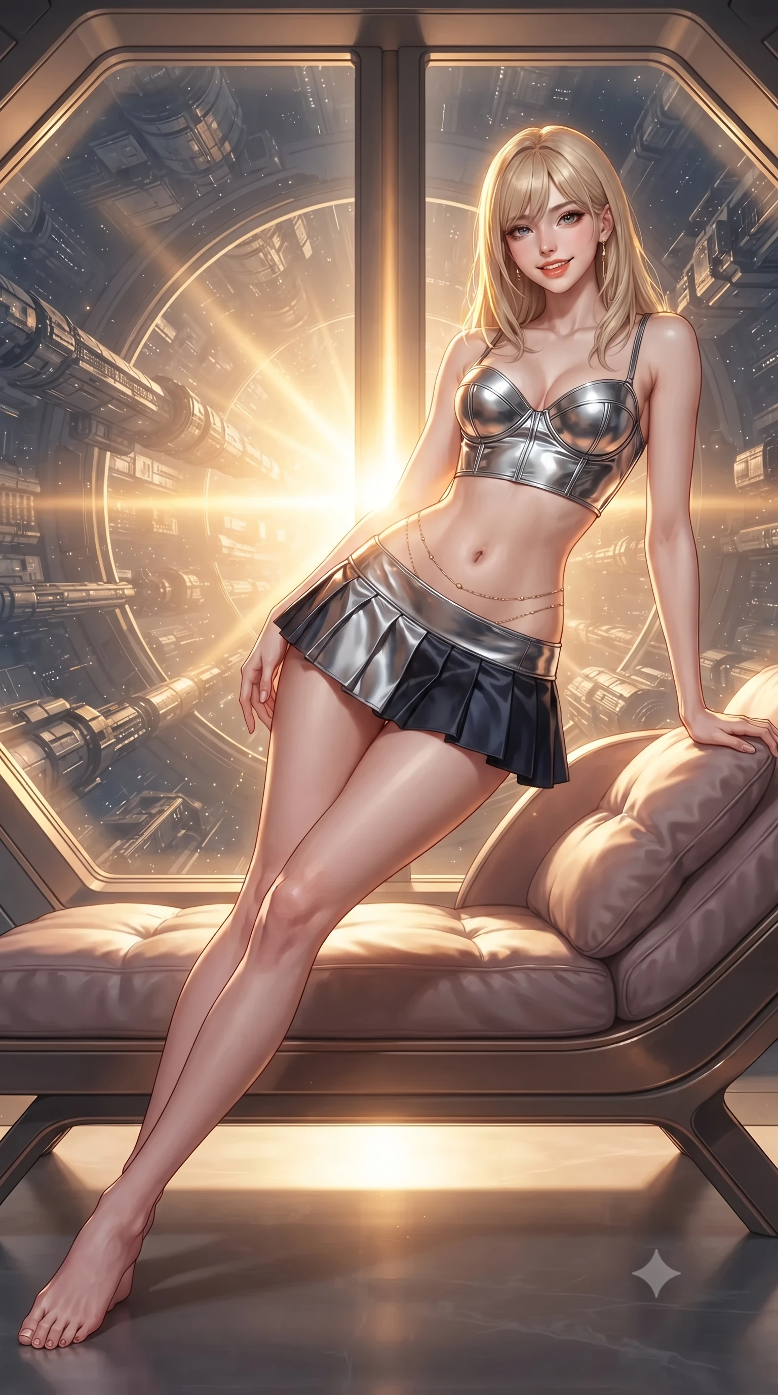 score_9, masterpiece, best quality, ultra-detailed, high-budget anime keyframe, editorial fashion photography, tasteful artistic composition, Japanese woman. low angle full-body shot from head to toe showing her feet, filling the entire 9:16 vertical frame with her statuesque presence, stretching her vertical silhouette. reclining gracefully across the plush chaise lounge with one leg extended, her sculpted silhouette and flat midriff radiating magnetic nocturnal glamour while twisting her slender torso in an alluring contrapposto stance, blinding solar flare coronas casting golden brilliance across her narrow waist and curvy hips. The surrounding environment is rendered in vivid detail and crisp panoramic clarity: detailed haute-couture texture, sleek metallic sheen, and colossal deep-space engineering in razor-sharp precision. She has an exceptionally tall and slender model-like 8.5-heads proportion, an ultra-slim waist, a flat toned midriff, narrow delicate ribcage, and beautifully sculpted feminine hips creating a graceful, slim hourglass silhouette without any bulky heaviness, with impossibly long slender legs. sharp v-shaped jawline, high-bridge nose, intricate jewel-like sparkling eyes with depth, thick eyelashes, glossy parted lips with a natural peach sheen, bright cheerful beaming smile with an enchanting and coquettish sensual glint, exuding both youthful cute charm and seductive allure, flawlessly proportioned anatomical accuracy, strict slender model proportions, natural body alignment, perfectly sculpted long slender limbs, ultra-slim waistline, clean dynamic posture without body distortion. wearing a chrome-plated structured underwire bustier top paired with an ultra-short low-rise pleated micro mini skirt in liquid mercury chrome and deep midnight obsidian, crafted from fluid liquid silk satin that clings smoothly to her narrow waist and rounded hips with a dewy sheen, accented with a dainty gold belly chain resting across her flat midriff and curving hips, the second-skin tailored fabric adhering flawlessly to her sculpted flat midriff and slender torso, emphasizing her long leg lines and perfectly proportioned willowy build. bathed in the blinding warm golden 4000K solar radiance filtered through polarizing quantum smart-glass. ultra-reflective glossy finish, specular highlights, rich textural contrasts, high-contrast stereoscopic depth, volumetric dynamic lighting, 2k, ultra detail, master piece, 9:16 ratio