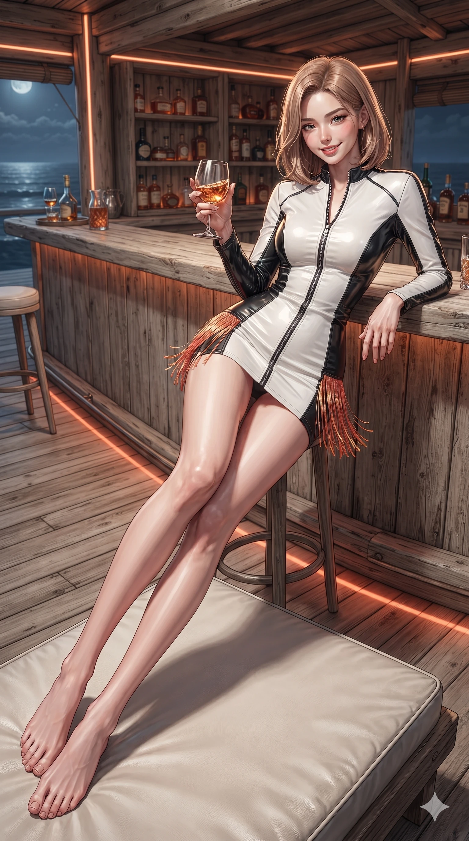 score_9, masterpiece, best quality, ultra-detailed, high-budget anime keyframe, editorial fashion photography, tasteful artistic composition, Korean woman. low angle full-body shot from head to toe showing her feet, filling the entire 9:16 vertical frame with her statuesque presence, stretching her vertical silhouette. reclining gracefully across the yacht teak sunpad with one leg extended, her sculpted silhouette and flat midriff radiating magnetic nocturnal glamour while leaning against the weathered driftwood bar counter with hips cocked back, swirling a crystal glass while flashing a playful, flirtatious smile. The surrounding environment is rendered in vivid detail and crisp panoramic clarity: detailed structured underwire bikini bustier top tailoring, draped sarong wrap mini skirt, and beach bar interior in razor-sharp resolution. She has an absolutely perfect, statuesque 8.5-heads proportion, an exceptionally tall and slender model-like female figure with impossibly long slender legs, an ultra-slim waist, a flat toned midriff, narrow delicate ribcage, and beautifully sculpted feminine hips creating a graceful, slim hourglass silhouette without any bulky heaviness. sharp v-shaped jawline, high-bridge nose, sparkling eyes with hypnotic seductive depth, thick curled eyelashes, glossy parted lips with a natural dewy peach sheen, alluring bedroom-eyes with an enchanting coquettish smile, exuding magnetic siren charisma and sophisticated glamour, flawlessly proportioned anatomical accuracy, strict slender model proportions, natural body alignment, perfectly sculpted long slender limbs, ultra-slim waistline, clean dynamic posture without body distortion. wearing a glove-like stretch lambskin leather racer mini dress with double-ended front zipper and waist-cinching seams in high-contrast coastal monochrome with gold hardware, crafted from wet-look high-gloss vinyl fabric with dazzling specular surface reflections, finished with a delicate silk fringe trim fluttering along her hip line with kinetic charm, the glove-like clinging cut tightly following the natural contour of her hips and long slender legs with youthful 8.5-heads elegance. illuminated by timber floor bounce and sharp coral-amber rim lights defining her razor-sharp jawline, narrow waist, and curvy hips. ultra-reflective glossy finish, specular highlights, rich textural contrasts, high-contrast stereoscopic depth, volumetric dynamic lighting, 2k, ultra detail, master piece, 9:16 ratio