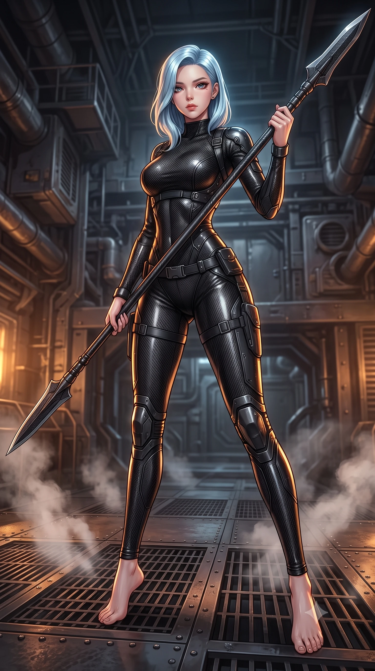 score_9, masterpiece, best quality, ultra-detailed, high-budget anime keyframe, editorial fashion photography, tasteful artistic composition, Korean woman. low angle full-body shot from head to toe showing her feet, filling the entire 9:16 vertical frame with her statuesque presence, stretching her vertical silhouette. standing in a dynamic combat stance with a carbon-fiber spear held diagonally, stretching her statuesque body, the background shows a soft-focus a steam venting platform built of dark iron grids and heavy rivet sheets. She has an absolutely perfect, statuesque 8.5-heads proportion, an exceptionally tall and slender model-like female figure with impossibly long slender legs and an ultra-slim waist. sharp v-shaped jawline, high-bridge nose, intricate jewel-like eyes with depth, thick eyelashes, glossy lips with a natural sheen. wearing a tailored body-hugging carbon-mesh mock-neck top paired with tight-fitting carbon-fiber leggings. low-key amber lights highlighting the wet metallic textures of her combat suit. highly saturated vibrant anime colors, detailed shading with soft gradients, rich glossy textures, high-contrast stereoscopic depth, volumetric dynamic lighting, master piece, 9:16 ratio