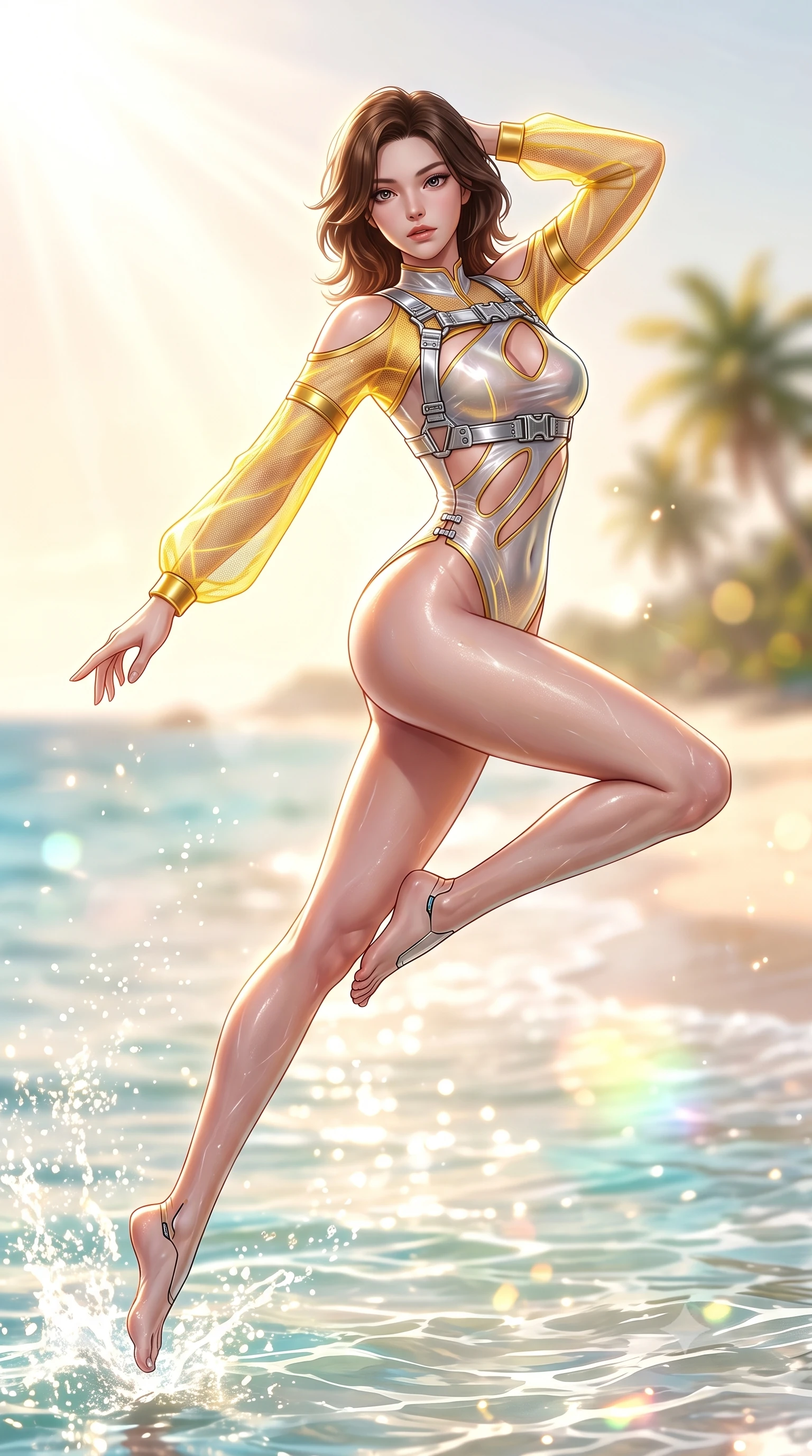 score_9, masterpiece, best quality, ultra-detailed, high-budget anime keyframe, semi-realistic 3D game render, editorial fashion photography, tasteful artistic composition, Korean woman. low angle full-body shot from head to toe showing her feet, filling the entire 9:16 vertical frame with her statuesque presence, stretching her vertical silhouette. leaping through mid-air with an athletic yet alluring arch of her spine, her impossibly long slender legs stretched in flawless poise while pivoting in mid-stride along the water edge as bright tropical sea spray sparkles in mid-air. The composition keeps background elements in soft focus with creamy bokeh. warm tropical sunbeams refracting through sea spray into a soft, glowing backdrop. She has an absolutely perfect, statuesque 8.5-heads proportion, an exceptionally tall and slender model-like female figure with impossibly long slender legs, a toned flat midriff, and an ultra-slim waist. sharp v-shaped jawline, high-bridge nose, intricate jewel-like eyes with depth, thick eyelashes, glossy lips with a natural sheen, flawlessly proportioned anatomical accuracy, strict slender model proportions, natural body alignment, perfectly sculpted long slender limbs, ultra-slim waistline, clean dynamic posture without body distortion. wearing an ultra-sleek high-cut tech-bodysuit featuring dangerous diagonal slitted cutouts on the midriff and shoulders, reinforced by a metallic silver harness and sheer mesh sleeves in vibrant sunburst canary yellow and gold trim, tailored from semi-translucent cybernetic vinyl with glowing micro-filaments, finished with an ultra-high side slit secured by miniature magnetic clasps, the sleek second-skin cut tightly hugging her graceful clavicle, narrow waist, and feminine curves with athletic precision. bathed in dazzling tropical morning sunlight and glittering ocean water caustics. highly saturated vibrant anime colors, detailed shading with soft gradients, rich glossy textures, high-contrast stereoscopic depth, volumetric dynamic lighting, master piece, 9:16 ratio