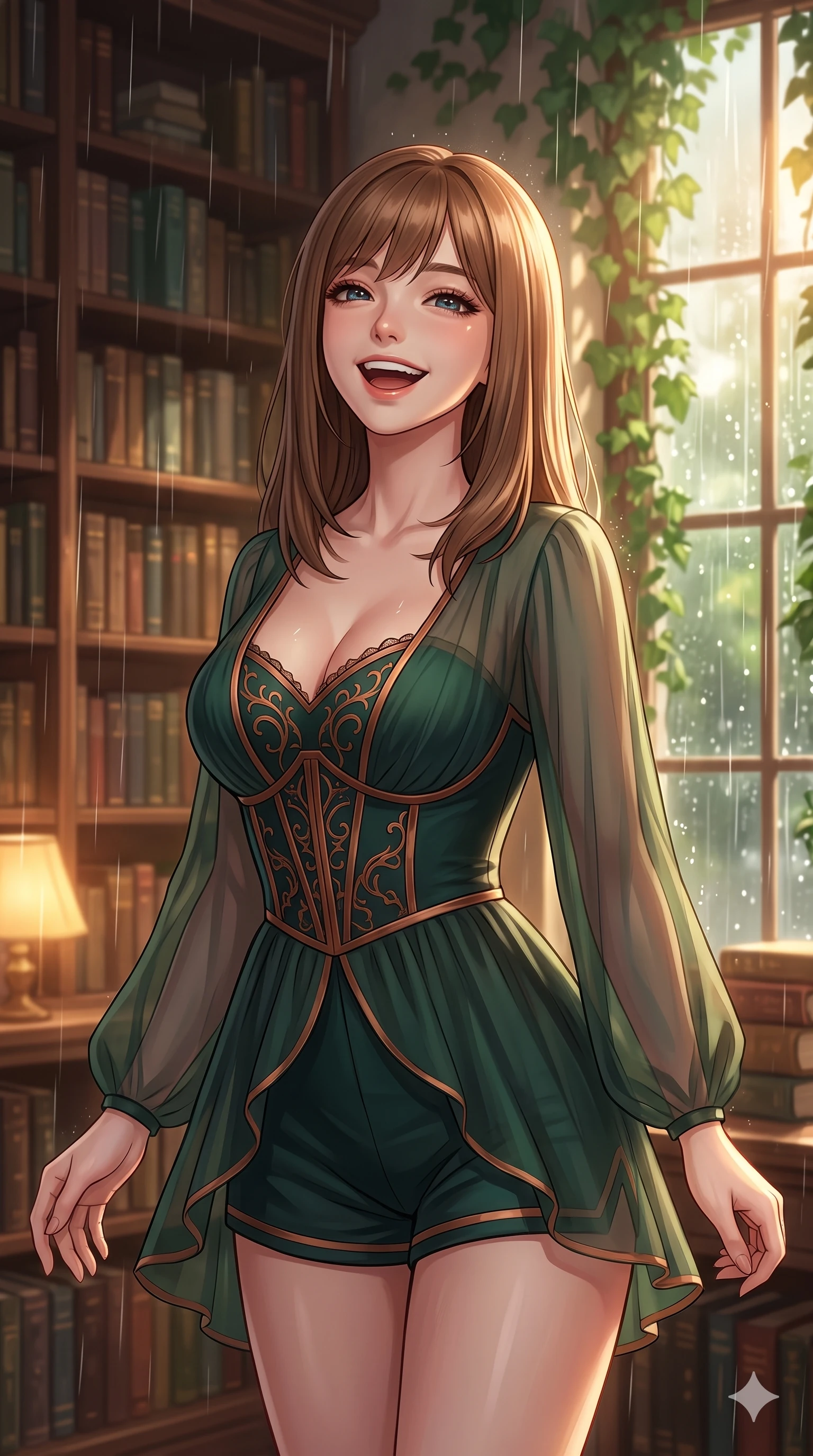 score_9, masterpiece, best quality, ultra-detailed, high-budget anime keyframe, vibrant anime aesthetic, Korean woman. close-up cowboy shot from the waist and thighs up, the character dominates the composition, filling the frame with her large presence, background elements kept in soft focus. She is standing in a sun shower, looking up with a happy, laughing expression, gazing warmly at the viewer with a lively, expressive stance. the background shows a soft-focus cozy retro library corner with floor-to-ceiling bookshelves and a large window showing rain falling on green ivy (Code-P22-157). She has an absolutely perfect proportion, an exceptionally elegant and slender female figure with an ultra-slim waist. V-shaped jawline, high-bridge nose, intricate jewel-like eyes with depth, thick eyelashes, glossy lips with a natural sheen. wearing a custom structured bodice combined with a delicate chiffon cover-up and shorts in dark emerald and copper details. She is illuminated by warm interior lights of a retro bookstore, casting a cozy glow, casting clean highlights that trace her slim waist inside the retro conservatory cafe. 2k, ultra detail, master piece, 9:16 ratio