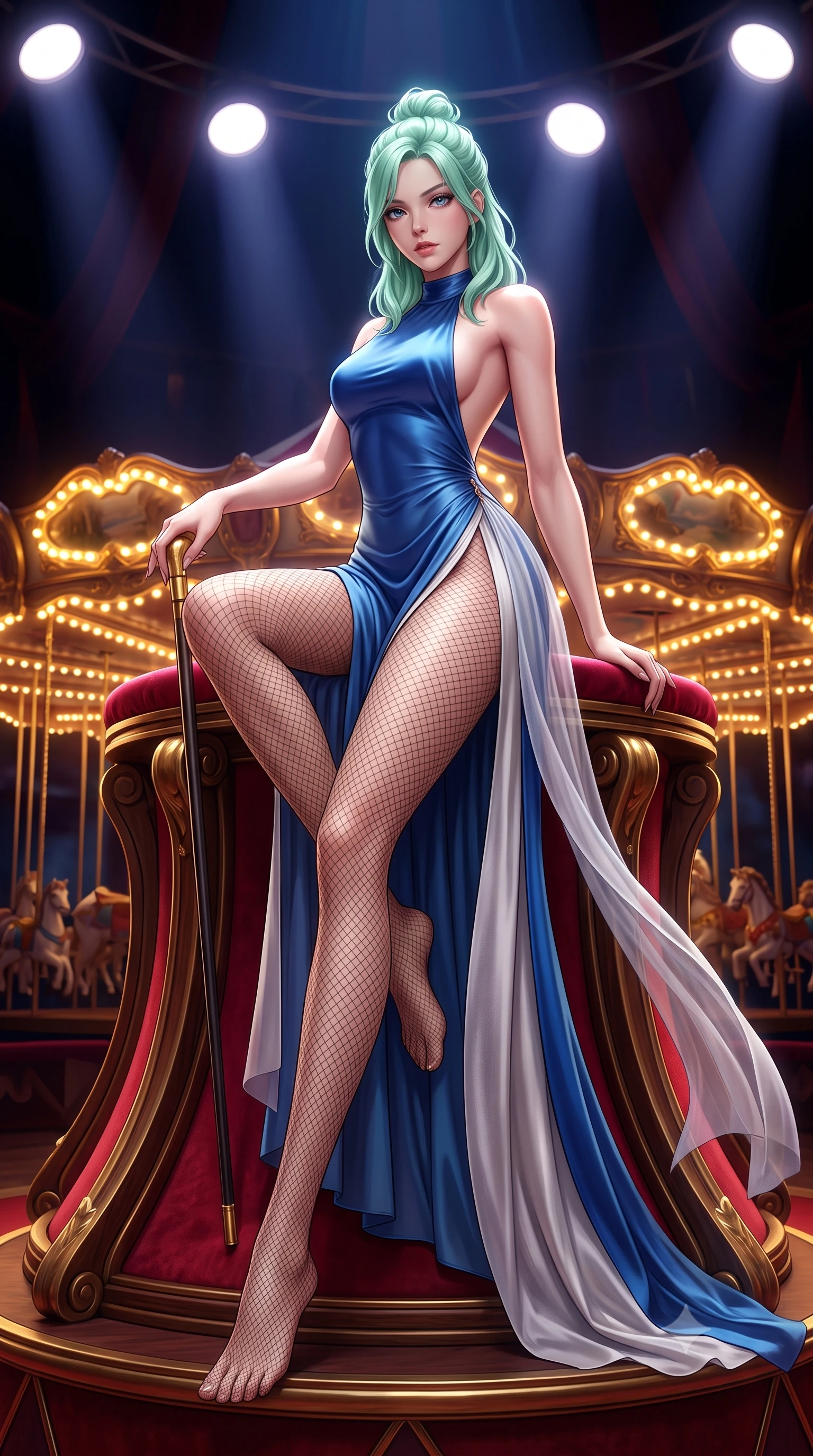 score_9, masterpiece, best quality, ultra-detailed, high-budget anime keyframe, semi-realistic 3D game render, editorial fashion photography, tasteful artistic composition, Japanese woman. low angle full-body shot from head to toe showing her feet, filling the entire 9:16 vertical frame with her statuesque presence, stretching her vertical silhouette. sitting perched on the elevated edge with hips angled toward the camera and legs crossed, displaying her toned midriff and flawlessly sculpted slender limbs while leaning against a crimson circus ringmaster podium with hips cocked back, holding a gold-tipped cane while locking smoldering eyes with the lens. The surrounding environment is rendered in vivid detail and crisp panoramic clarity. intense theatrical chiaroscuro and decadent dark carnival aesthetics rendered with precision. She has an absolutely perfect, statuesque 8.5-heads proportion, an exceptionally tall and slender model-like female figure with impossibly long slender legs, a toned flat midriff, an ultra-slim waist, and beautifully sculpted feminine hips. sharp v-shaped jawline, high-bridge nose, intricate jewel-like eyes with depth, thick eyelashes, glossy parted lips with a natural sheen, intensely captivating and seductive bedroom-eyes expression, flawlessly proportioned anatomical accuracy, strict slender model proportions, natural body alignment, perfectly sculpted long slender limbs, ultra-slim waistline, clean dynamic posture without body distortion. wearing a liquid silk jersey halter gown with an open scooped back descending to her waist and high hip slit in royal sapphire blue and brushed platinum, woven from layered gossamer chiffon with a weightless sweeping drape, finished with sheer fishnet tights accentuating her long slender legs, the glove-like aerodynamic silhouette tightly following the natural contour of her hips and long slender legs with statuesque precision. bathed in dramatic overhead circular spotlight beams and warm golden carousel perimeter glow. highly saturated vibrant anime colors, detailed shading with soft gradients, rich glossy textures, high-contrast stereoscopic depth, volumetric dynamic lighting, master piece, 9:16 ratio