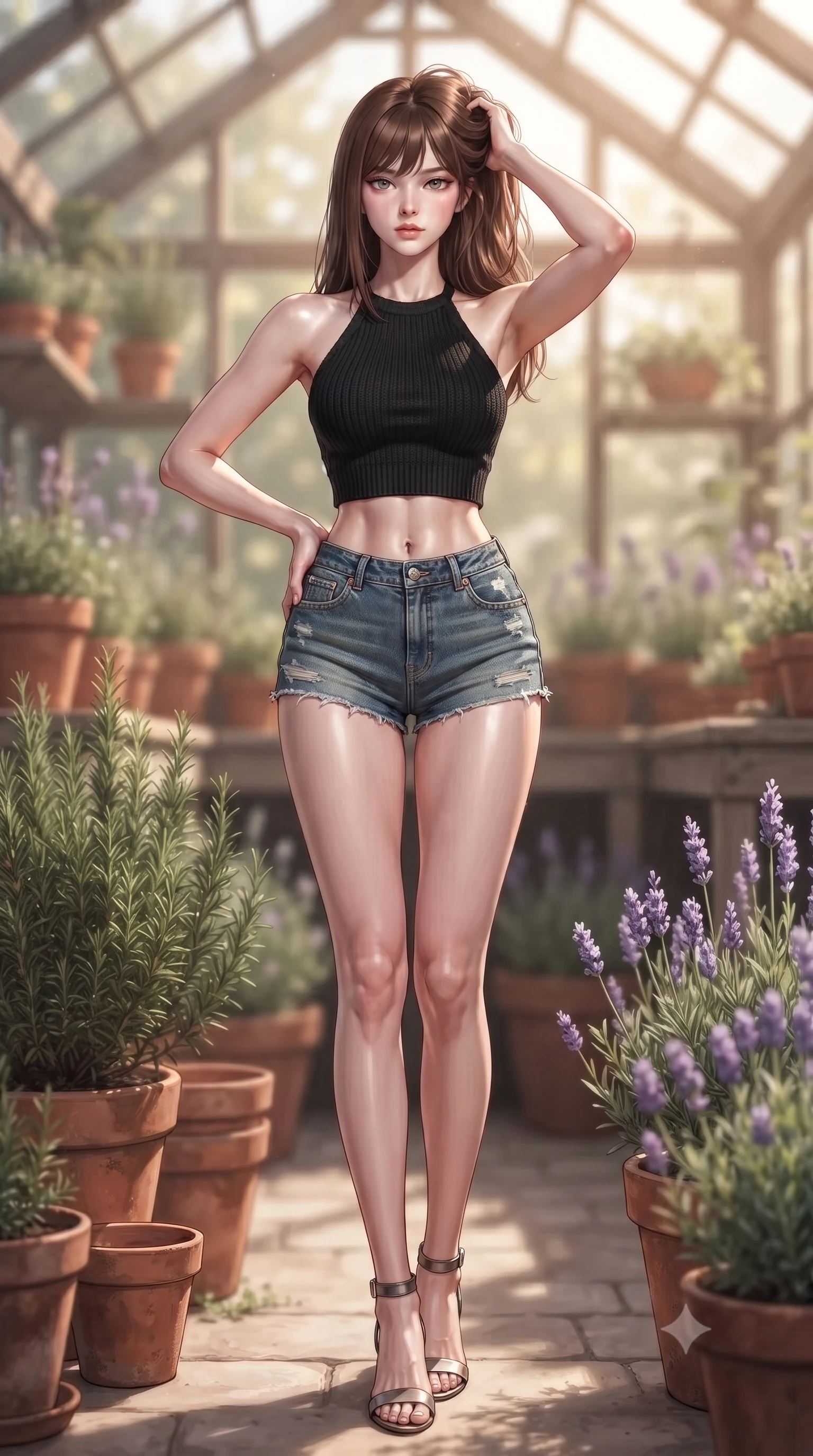 score_9, masterpiece, best quality, ultra-detailed, high-budget anime keyframe, editorial fashion photography, tasteful artistic composition, Korean woman woman. low angle full-body shot from head to toe showing her feet, filling the entire 9:16 vertical frame with her statuesque presence, stretching her vertical silhouette. posing confidently with one hand on her hip, stretching her statuesque body to emphasize her curves the background shows a soft-focus a cozy garden greenhouse, surrounded by terracotta pots, rosemary, and lavender. She has an absolutely perfect, statuesque 8.5-heads proportion, an exceptionally tall and slender model-like female figure with impossibly long slender legs and an ultra-slim waist. sharp v-shaped jawline, high-bridge nose, intricate jewel-like eyes with depth, thick eyelashes, glossy lips with a natural sheen. wearing a body-hugging chic knit halter crop top paired with denim micro-shorts, showing her delicately sculpted midriff. warm, diffused daylight creating a quiet and productive mood. ultra-reflective glossy finish, specular highlights, metallic sheen, high-contrast stereoscopic depth, volumetric dynamic lighting, 2k, ultra detail, master piece, 9:16 ratio
