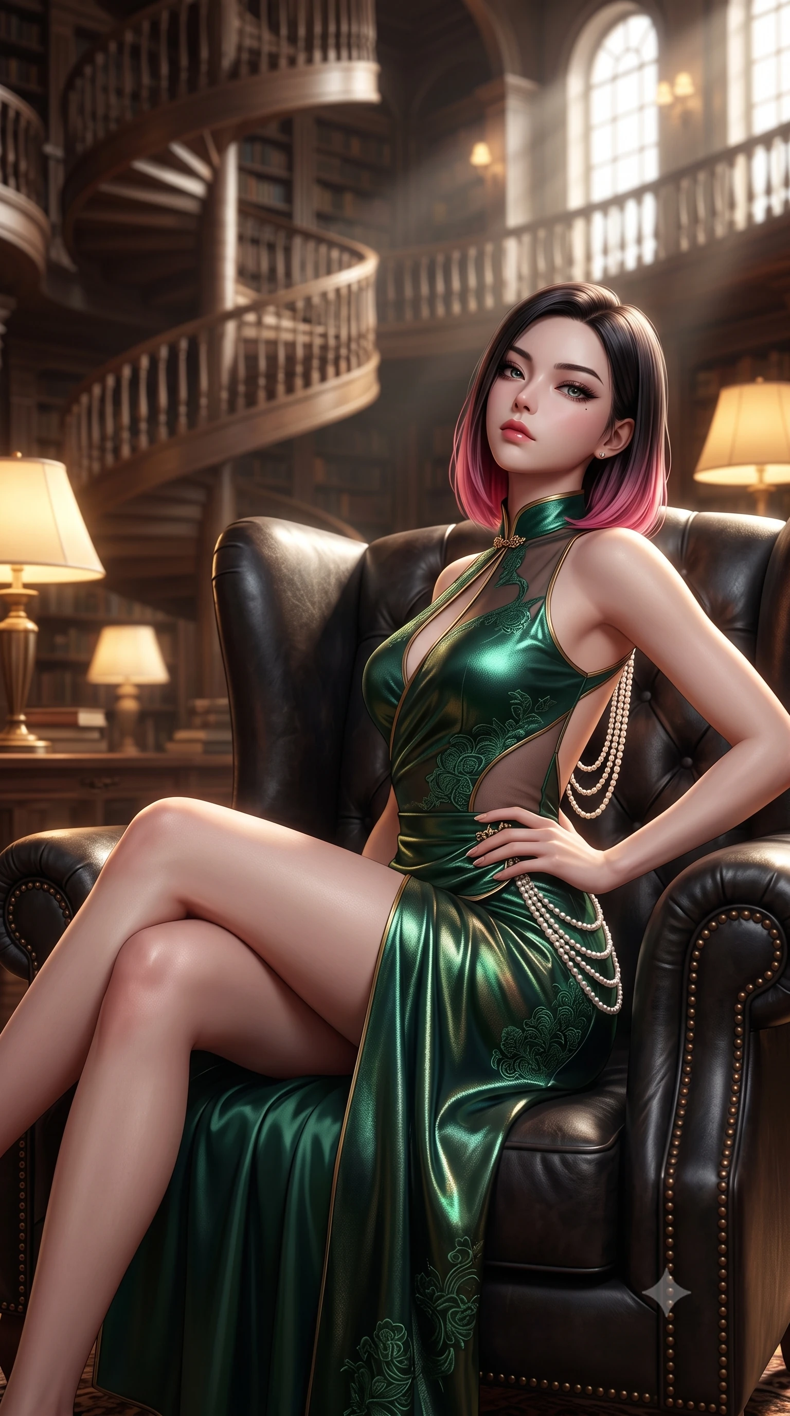 score_9, masterpiece, best quality, ultra-detailed, high-budget anime keyframe, semi-realistic 3D game render, editorial fashion photography, tasteful artistic composition, Korean woman. close-up cowboy shot from the waist and thighs up, the character dominates the composition, filling the frame with her large presence. tilting her chin up with proud, sovereign allure while gazing through thick eyelashes, one hand resting on her waist in pure supermodel charisma while reclining languidly in an oversized tufted leather reading armchair before a roaring hearth, long legs draped gracefully over the armrest. The composition keeps background elements in soft focus with creamy bokeh. towering spiral staircases and gallery balustrades softened in atmospheric shallow focus. She has an exceptionally elegant, slender, and willowy female figure with an ultra-slim waist, flat toned midriff, narrow ribcage, and sculpted feminine hips creating an alluring, slim hourglass silhouette without bulk. sharp v-shaped jawline, high-bridge nose, intricate jewel-like eyes with depth, thick eyelashes, glossy parted lips with a natural sheen, intensely captivating and seductive bedroom-eyes expression, flawlessly proportioned anatomical accuracy, strict slender model proportions, natural body alignment, perfectly sculpted long slender limbs, ultra-slim waistline, clean dynamic posture without body distortion. wearing a wet-look silk fusion wrap dress with asymmetrical sheer mesh cutouts and high Mandarin collar in deep emerald green satin and gold hardware, crafted from luxurious metallic lamé that shifts radiance with every step, accented with a multi-strand pearl back necklace cascading down her bare spine to her hips, the dramatically scooped open back descending to the base of her spine, accentuating her razor-sharp statuesque lines and slim hourglass silhouette. bathed in warm incandescent reading lamp glow and dramatic shafts of daylight from arched windows. highly saturated vibrant anime colors, detailed shading with soft gradients, rich glossy textures, high-contrast stereoscopic depth, volumetric dynamic lighting, master piece, 9:16 ratio