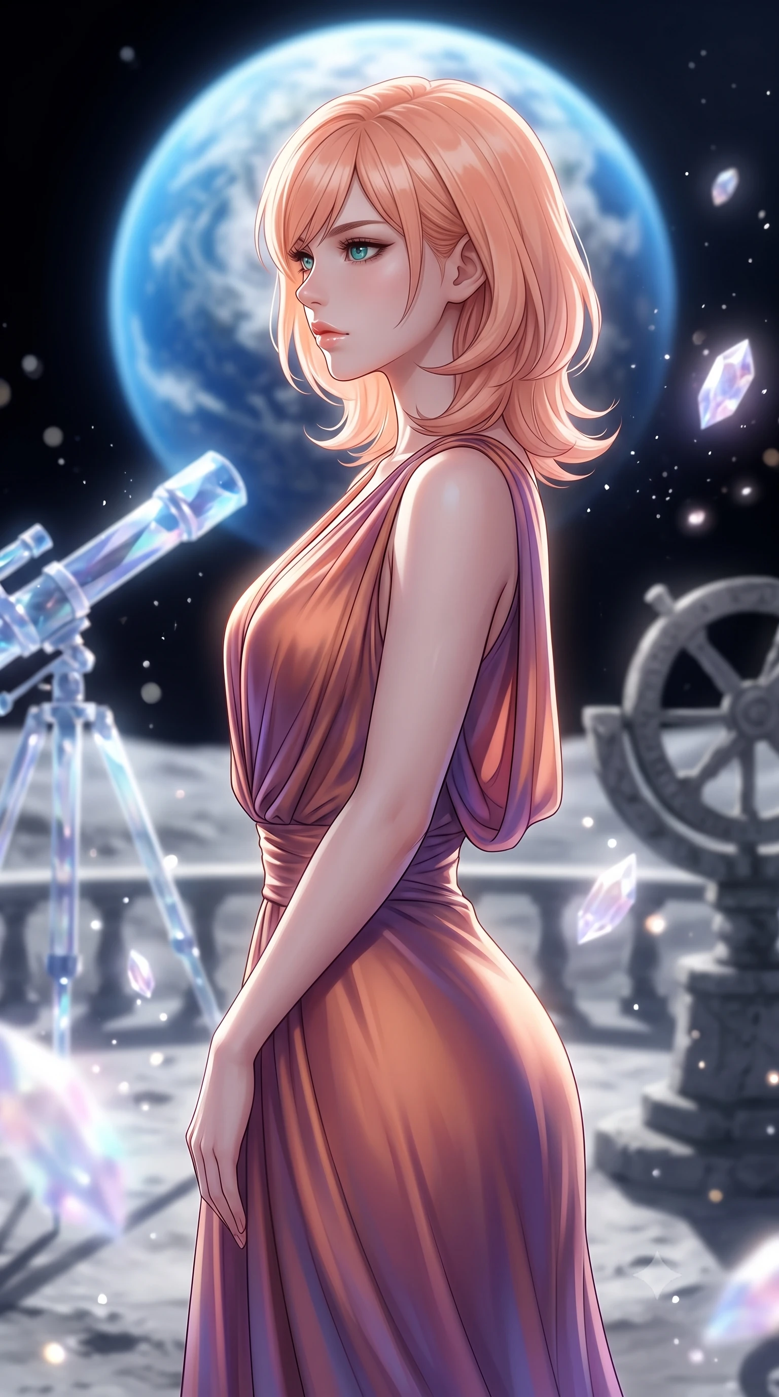 score_9, masterpiece, best quality, ultra-detailed, high-budget anime keyframe, editorial fashion photography, tasteful artistic composition, Japanese woman. close-up cowboy shot from the waist and thighs up, the character dominates the composition, filling the frame with her large presence, background elements kept in soft focus. Turning her face in sharp dramatic profile against the light. set against a soft-focus background of an open-air observation terrace on the moon's surface with crystalline telescopes pointing toward the blue Earth hanging in the black sky lunar dust particles floating weightlessly around ancient stone instruments. She has an exceptionally elegant and slender, willowy female figure with an ultra-slim waist, a gracefully sculpted slender torso, and a refined slim physique. sharp v-shaped jawline, high-bridge nose, intricate jewel-like eyes with depth, thick eyelashes, glossy lips with a natural sheen. wearing a draped jersey dress in a shifting copper and violet gradient, the fluid fabric clinging to her slender waist with every movement. ethereal pearlescent light emanating from floating crystalline formations all around. 2k, ultra detail, master piece, 9:16 ratio