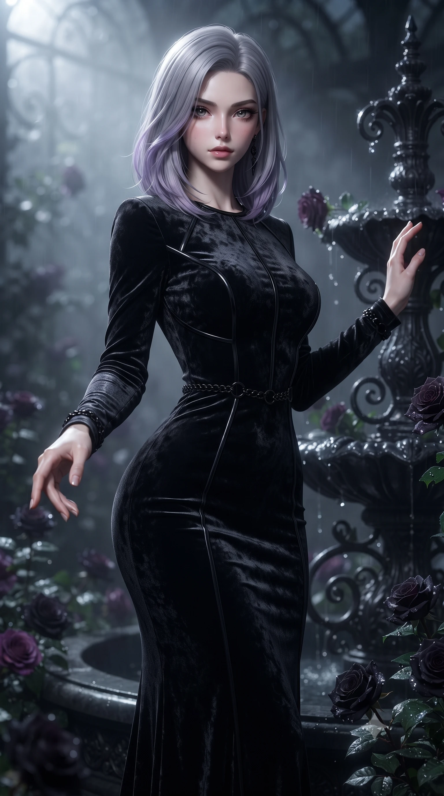 score_9, masterpiece, best quality, ultra-detailed, high-budget anime keyframe, editorial fashion photography, tasteful artistic composition, Caucasian woman. close-up cowboy shot from the waist and thighs up, the character dominates the composition, filling the frame with her large presence, background elements kept in soft focus. Reaching one hand toward the viewer with relaxed dark elegance, resting against a dark iron fountain surrounded by blooming midnight flora, dark velvet rose petals covered in rain dewdrops glinting in moonlight. She has an exceptionally elegant, slender, and willowy female figure with an ultra-slim waist, a gracefully sculpted slender torso, and a refined silhouette. sharp v-shaped jawline, high-bridge nose, intricate jewel-like eyes with depth, thick eyelashes, glossy lips with a natural sheen. wearing fitted liquid mercury jersey maxi dress hugging every curve in obsidian black, made of crushed dark silk velvet, adorned with minimalist black onyx hardware framing the silhouette, following her slender form with tailored precision. lit by intense nocturnal key light cutting through dense greenhouse fog. highly saturated vibrant anime colors, detailed shading with soft gradients, rich glossy textures, high-contrast stereoscopic depth, volumetric dynamic lighting, master piece, 9:16 ratio