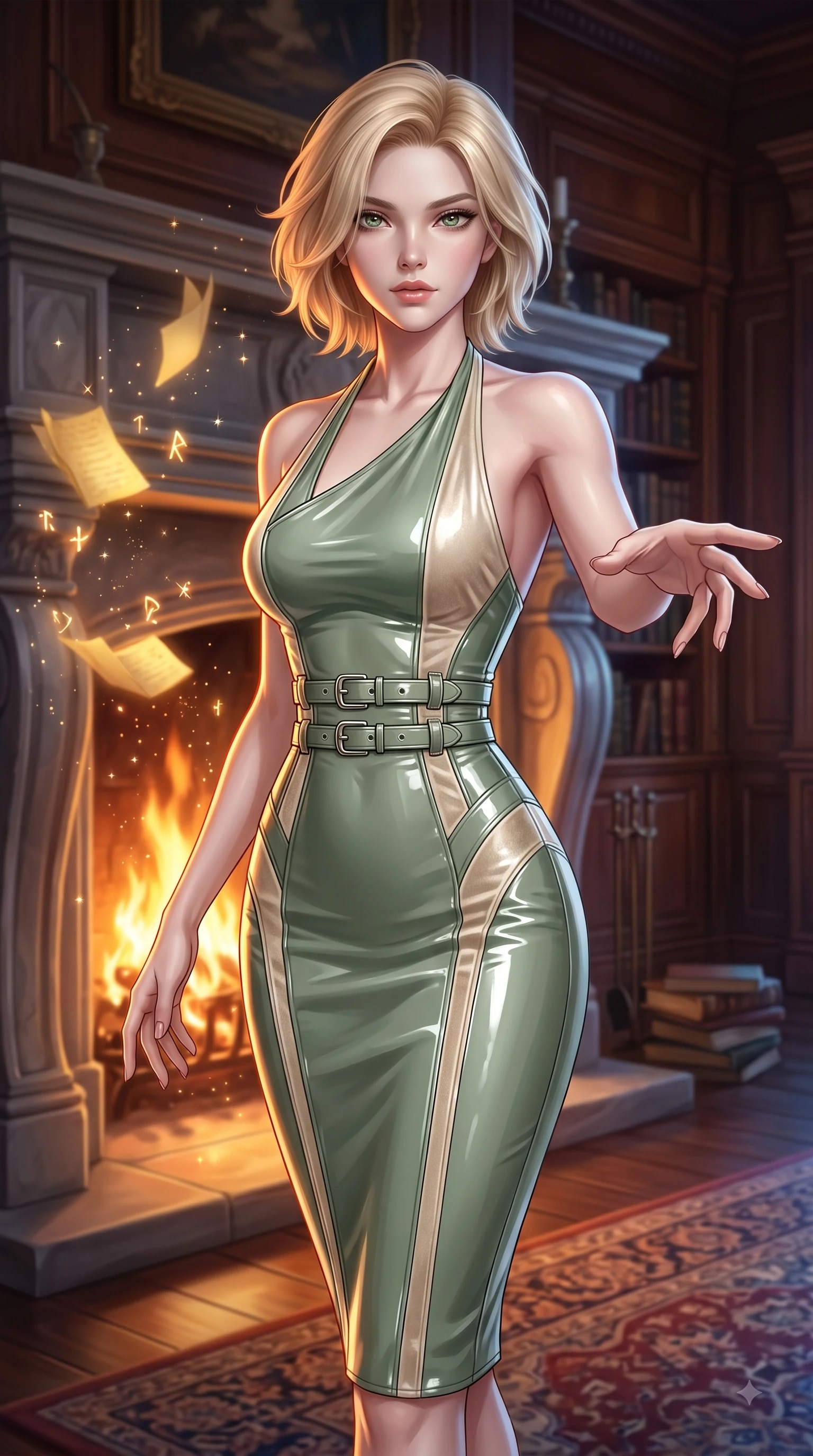 score_9, masterpiece, best quality, ultra-detailed, high-budget anime keyframe, editorial fashion photography, tasteful artistic composition, Caucasian woman. close-up cowboy shot from the waist and thighs up, the character dominates the composition, filling the frame with her large presence, background elements kept in soft focus. Reaching one arm gracefully toward the camera with magnetic poise, displaying her statuesque silhouette while resting near a grand stone fireplace as warm amber hearth light traces her graceful clavicle, floating paper pages and glowing spell runes scattering golden starlight dust motes. She has an exceptionally elegant, slender, and willowy female figure with an ultra-slim waist, a gracefully sculpted slender torso, and a refined silhouette. sharp v-shaped jawline, high-bridge nose, intricate jewel-like eyes with depth, thick eyelashes, glossy lips with a natural sheen, flawlessly proportioned anatomical accuracy, natural body alignment, perfectly sculpted elegant limbs, clean dynamic posture without body distortion. wearing a velvet halter-neck midi dress following her form like a glove in sage green and oatmeal, tailored from high-gloss patent leather, detailed with polished silver buckles along the waistline, the elegant draped fit framing her graceful clavicle and slender torso. surrounded by an opulent, intimate library aura with deep warm gradients. ultra-reflective glossy finish, specular highlights, metallic sheen, high-contrast stereoscopic depth, volumetric dynamic lighting, 2k, ultra detail, master piece, 9:16 ratio