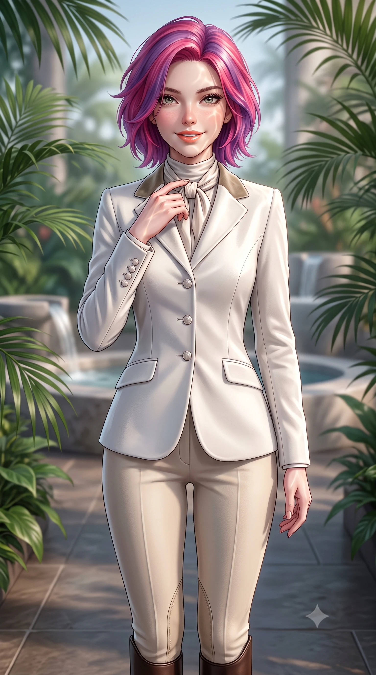 score_9, masterpiece, best quality, ultra-detailed, high-budget anime keyframe, semi-realistic 3D game render, editorial fashion photography, tasteful artistic composition, Caucasian woman. close-up cowboy shot from the waist and thighs up, the character dominates the composition, filling the frame with her large presence. touching her silk scarf with delicate fingertips while casting an affectionate, warm glance toward the lens while standing poised on the warm slate floor of the indoor winter garden pavilion surrounded by lush tropical palms, smiling with serene relaxation. The background shows a soft-focus minimalist stone water features softened in peaceful Swiss alpine wellness sanctuary shallow focus. She has an exceptionally elegant, slender, and willowy female figure with an ultra-slim waist, flat toned midriff, narrow ribcage, and sculpted feminine hips creating an alluring, slim hourglass silhouette without bulk. sharp v-shaped jawline, high-bridge nose, intricate jewel-like sparkling eyes with depth, thick eyelashes, glossy parted lips with a natural peach sheen, bright cheerful beaming smile with an enchanting and coquettish sensual glint, exuding both youthful cute charm and seductive allure, flawlessly proportioned anatomical accuracy, strict slender model proportions, natural body alignment, perfectly sculpted long slender limbs, ultra-slim waistline, clean dynamic posture without body distortion. wearing a tailored velvet collar wool equestrian blazer paired with slim-cut riding trousers and knee-high leather boots in Swiss alpine snow white and oat cashmere, crafted from rich cotton velvet with deep light-absorbing pile and soft gradients, finished with fine mother-of-pearl cuff buttons catching the soft ambient light, the expertly draped wool fabric falling in crisp fluid lines along her tall 8.5-heads silhouette, celebrating her slender frame without excess fabric bulk. illuminated by thermal pool surface caustics and soft pearlescent rim lights accentuating her sharp jawline and slender hourglass silhouette. highly saturated vibrant anime colors, detailed shading with soft gradients, rich glossy textures, high-contrast stereoscopic depth, volumetric dynamic lighting, master piece, 9:16 ratio