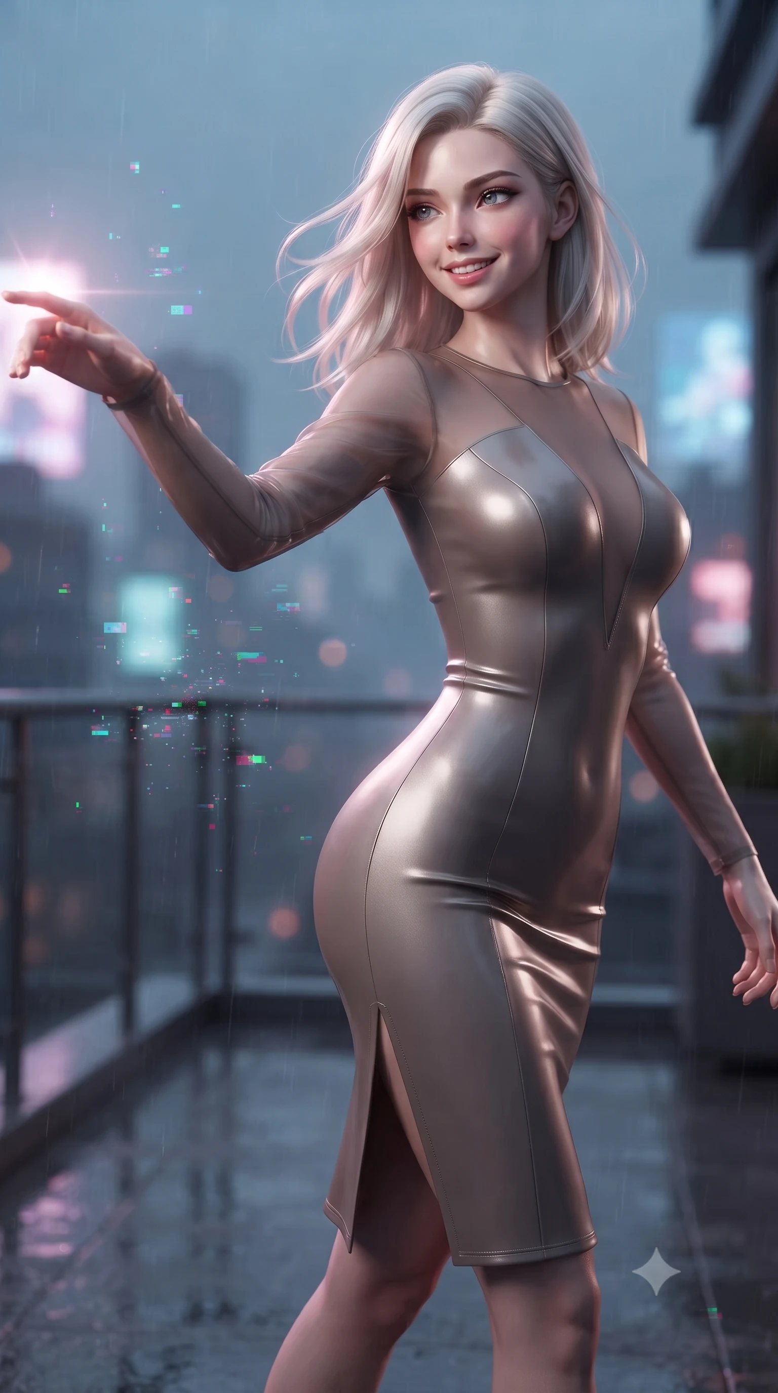 score_9, masterpiece, best quality, ultra-detailed, high-budget anime keyframe, editorial fashion photography, tasteful artistic composition, Caucasian woman. close-up cowboy shot from the waist and thighs up, the character dominates the composition, filling the frame with her large presence, background elements kept in soft focus. Extending one arm in an elegant stretch toward the light while smiling with magnetic self-assurance while pivoting gracefully on a rain-slicked balcony as RGB glitch noise scatters nearby, fluttering lightweight attire catching the high-altitude urban wind. She has an exceptionally elegant, slender, and willowy female figure with an ultra-slim waist, a gracefully sculpted slender torso, and a refined silhouette. sharp v-shaped jawline, high-bridge nose, intricate jewel-like eyes with depth, thick eyelashes, glossy lips with a natural sheen, flawlessly proportioned anatomical accuracy, natural body alignment, perfectly sculpted elegant limbs, clean dynamic posture without body distortion. wearing a sleek bodycon knit dress with strategic sheer organza sleeve panels in muted taupe and soft ivory, formed from sleek second-skin neoprene, finished with a sleek side slit ascending to mid-thigh, the tailored fabric tightly following every curve of her athletic build. illuminated by glowing holographic sakura radiance and wet specular reflections. ultra-reflective glossy finish, specular highlights, metallic sheen, high-contrast stereoscopic depth, volumetric dynamic lighting, 2k, ultra detail, master piece, 9:16 ratio
