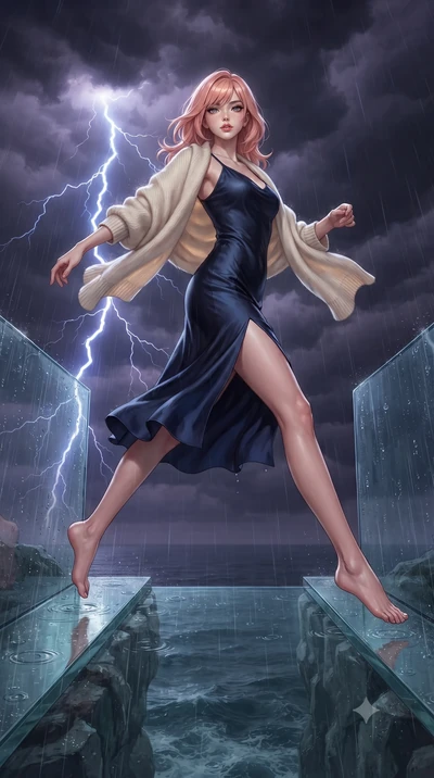 score_9, masterpiece, best quality, ultra-detailed, high-budget anime keyframe, editorial fashion photography, tasteful artistic composition, Japanese woman. low angle full-body shot from head to toe showing her feet, filling the entire 9:16 vertical