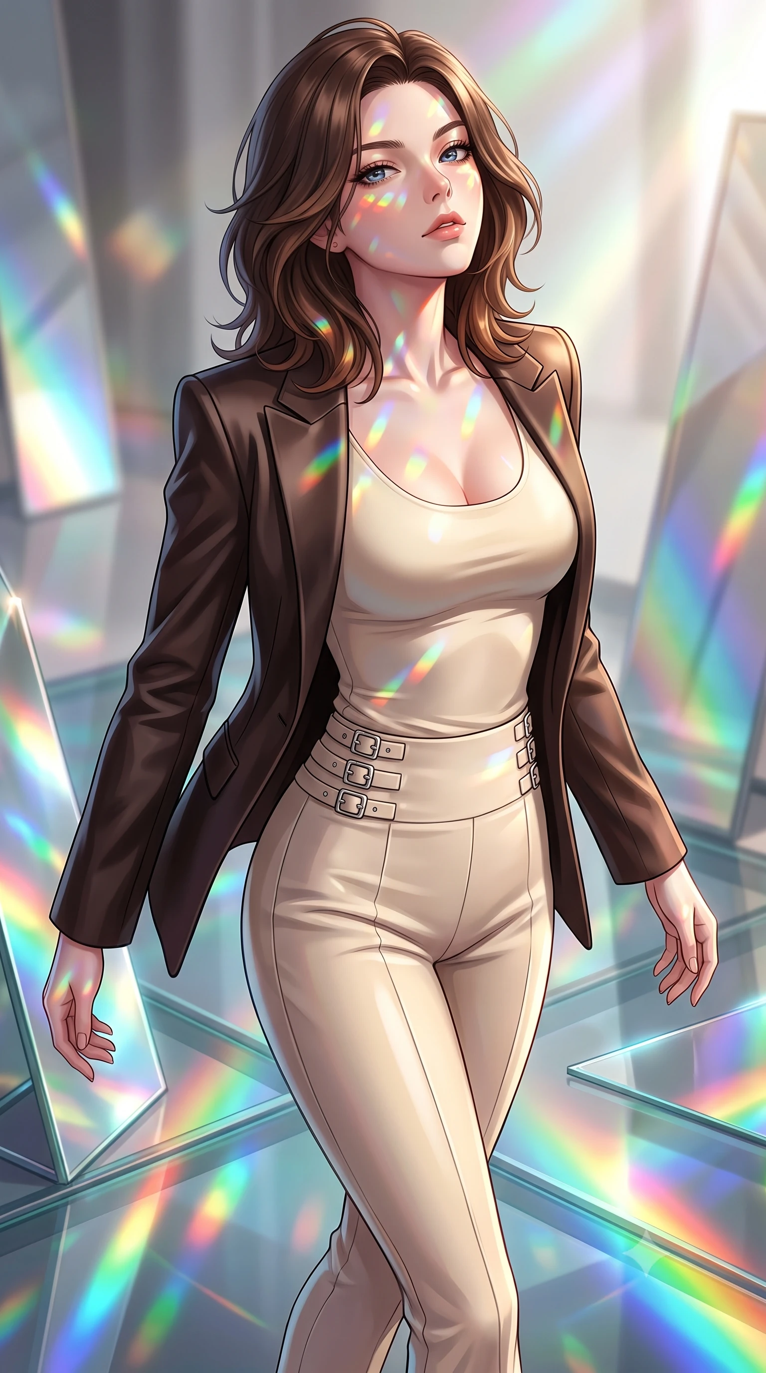 score_9, masterpiece, best quality, ultra-detailed, high-budget anime keyframe, editorial fashion photography, tasteful artistic composition, Korean woman. close-up cowboy shot from the waist and thighs up, the character dominates the composition, filling the frame with her large presence, background elements kept in soft focus. Tilting her chin up with an air of effortless superiority while balancing dynamically amidst the scene while pivoting gracefully on a glass floor drenched in vibrant multi-color light reflections, a kaleidoscope of refractions forming geometric light patterns on her skin. She has an exceptionally elegant, slender, and willowy female figure with an ultra-slim waist, a gracefully sculpted slender torso, and a refined silhouette. sharp v-shaped jawline, high-bridge nose, intricate jewel-like eyes with depth, thick eyelashes, glossy lips with a natural sheen, flawlessly proportioned anatomical accuracy, natural body alignment, perfectly sculpted elegant limbs, clean dynamic posture without body distortion. wearing a tailored silk blazer over a form-contouring scoop-neck top and slacks in espresso brown and warm cream, formed from sleek second-skin neoprene, detailed with polished silver buckles along the waistline, the form-contouring material highlighting her ultra-slim waist and long lines. bathed in brilliant multi-color rainbow light refracting through mirror fragments. highly saturated vibrant anime colors, detailed shading with soft gradients, rich glossy textures, high-contrast stereoscopic depth, volumetric dynamic lighting, master piece, 9:16 ratio